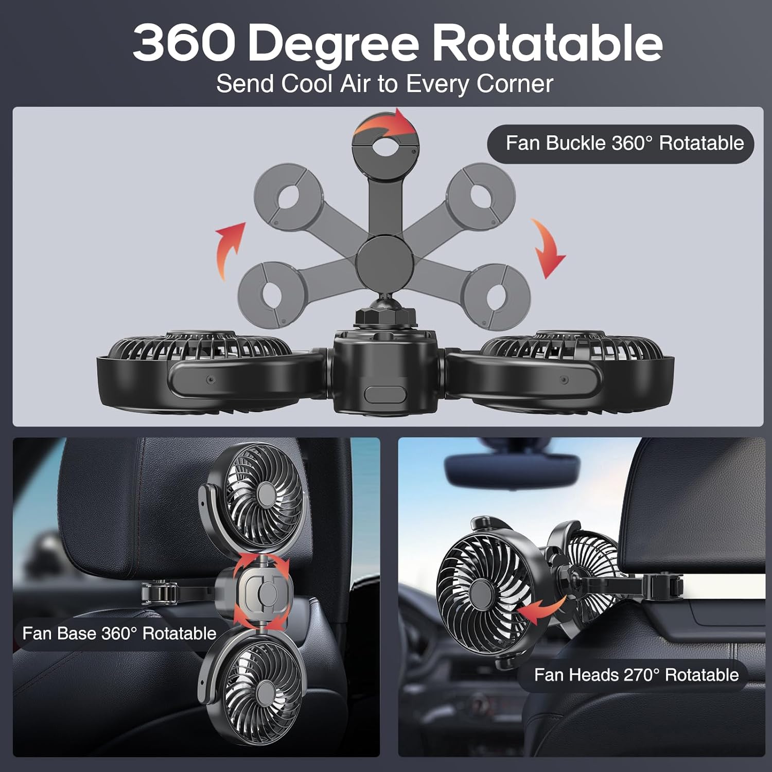 Dealswin Rechargeable Car Fan for Backseat Kids Baby, Battery and USB Dual Power Car Fans, Powerful 3 Speeds 360° Rotatable Dual Head Cooling Car Seat Fan for Sedan SUV RV Truck Vehicle
