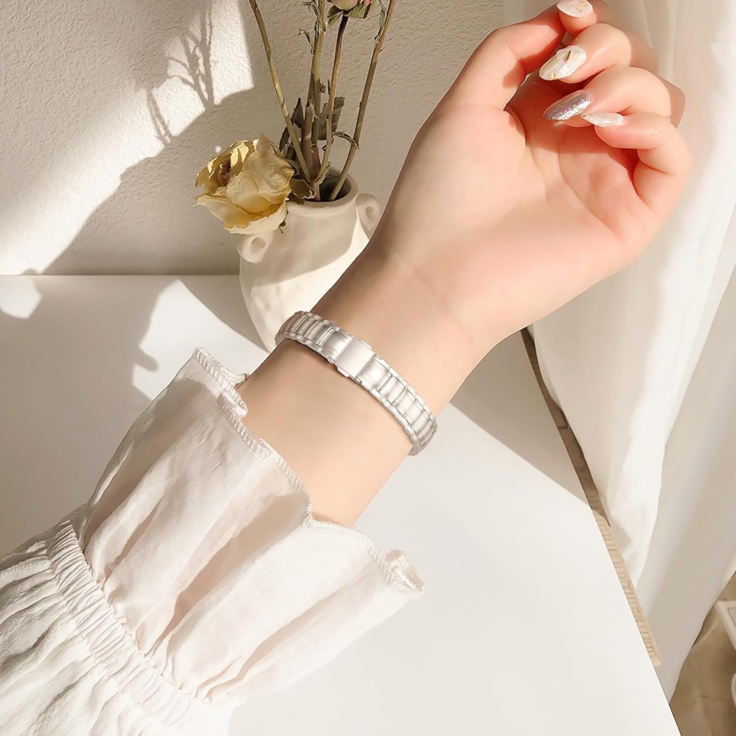 SOLOLUP Slim Metal Band Compatible With Apple Watch Bands for Women SE 3/2/1 40mm 41mm 38mm 42mm,Thin Dressy Stainless Steel Chains Strap for iWatch Band Series 11 10 9 8 7 6 5 4 3,Starlight - Image 2