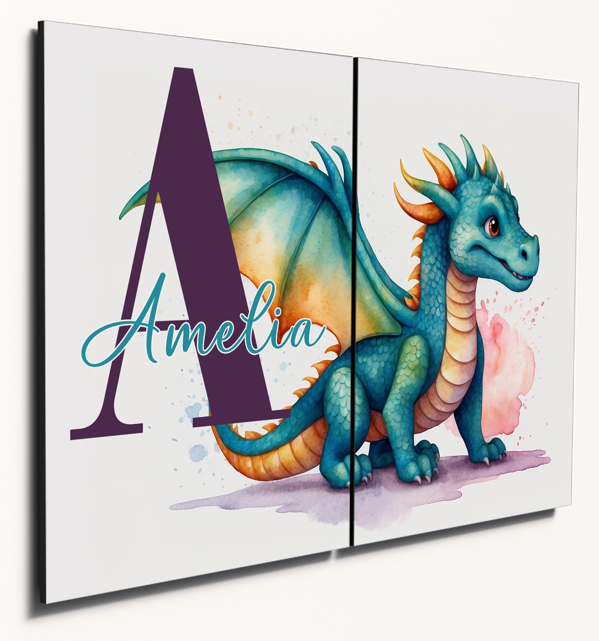 The Plum Penguin Dragon #2 Personalised Pastel Dragon Watercolour Wooden Wall Art, 2 Piece A4 Mdf, Children's Bedroom Decor Canvas Alternative 40 X 30Cm
