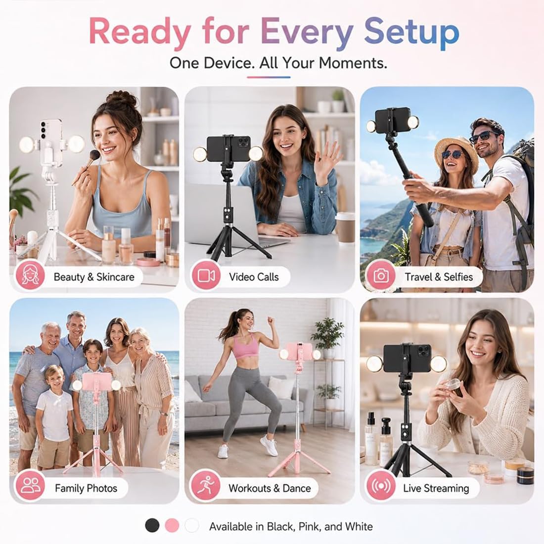 Bastone per selfie 6 in 1 con luce di riempimento, selfie con tracciamento automatico del viso, treppiedi con telecomando, 6 in 1, wireless, Bluetooth, per iPhone, Samsung, Android, rosa + bianco