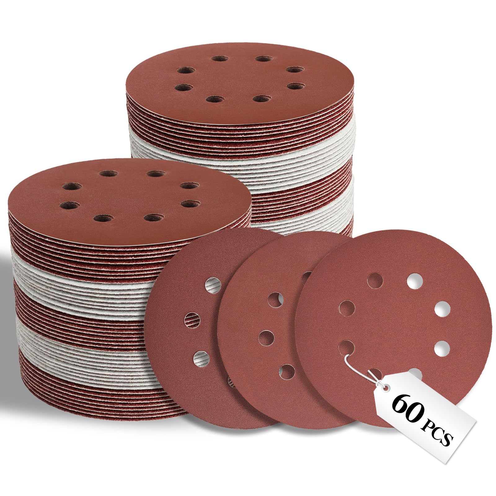 VKMKM 125mm Sanding Discs 60PCS, Orbital Sander Discs, 8-Hole Hook and Loop Sandpaper for Wood & Metal, 320/400/600 Grits Aluminium Oxide
