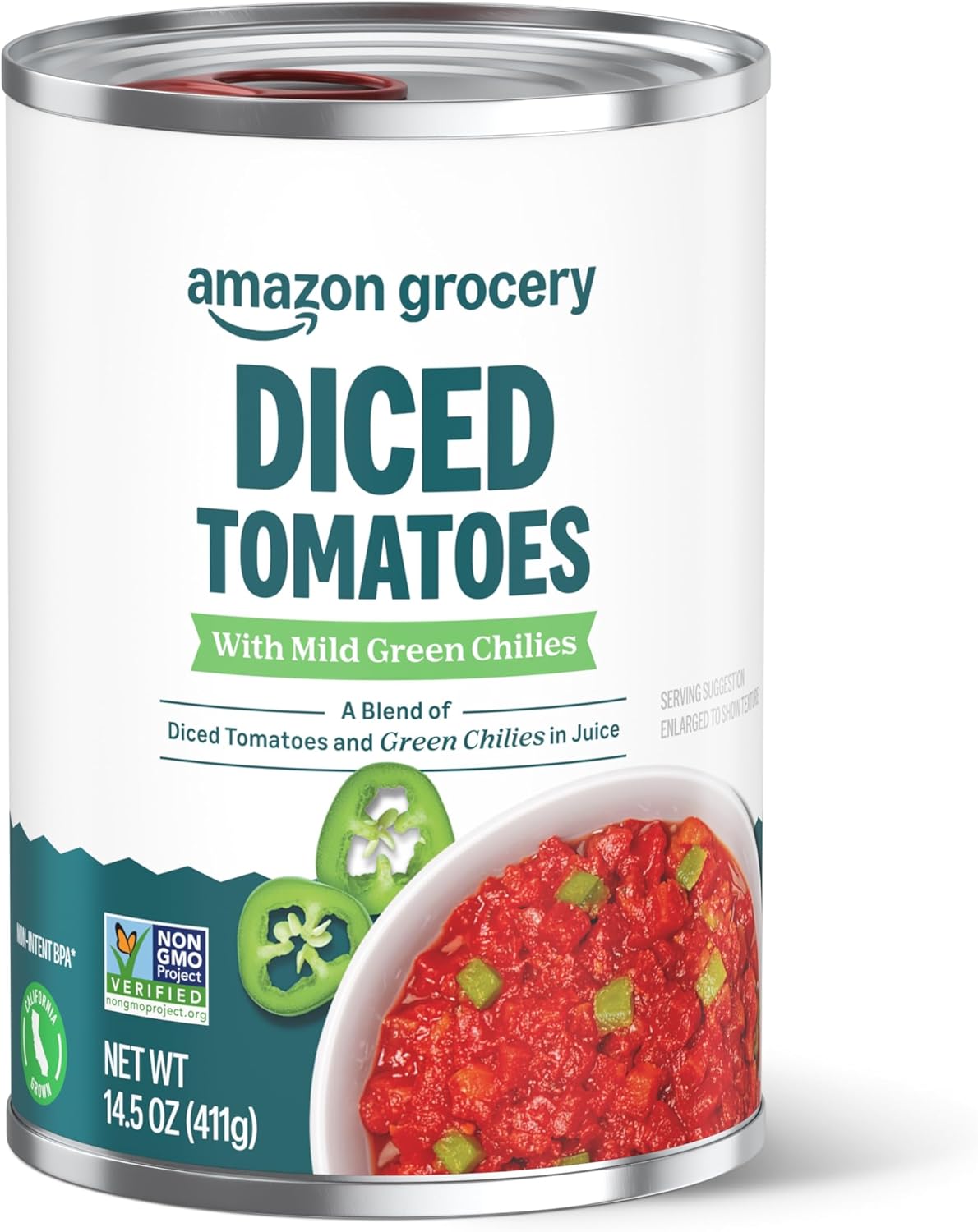 Amazon Grocery, Diced Tomatoes with Mild Green Chilies, 14.5 Oz