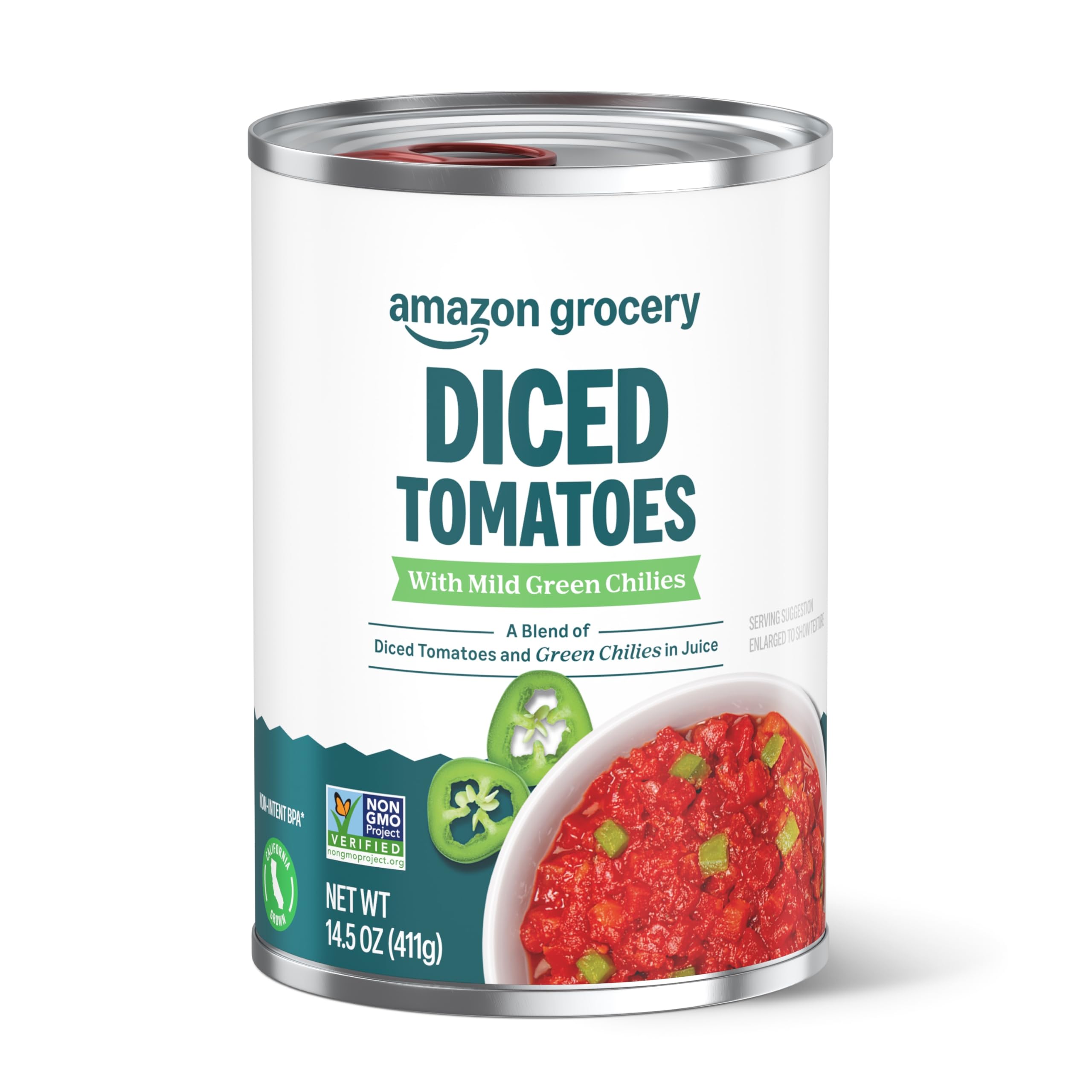 Amazon Grocery, Diced Tomatoes with Mild Green Chilies, 14.5 Oz (Previously Amazon Fresh, Packaging May Vary)