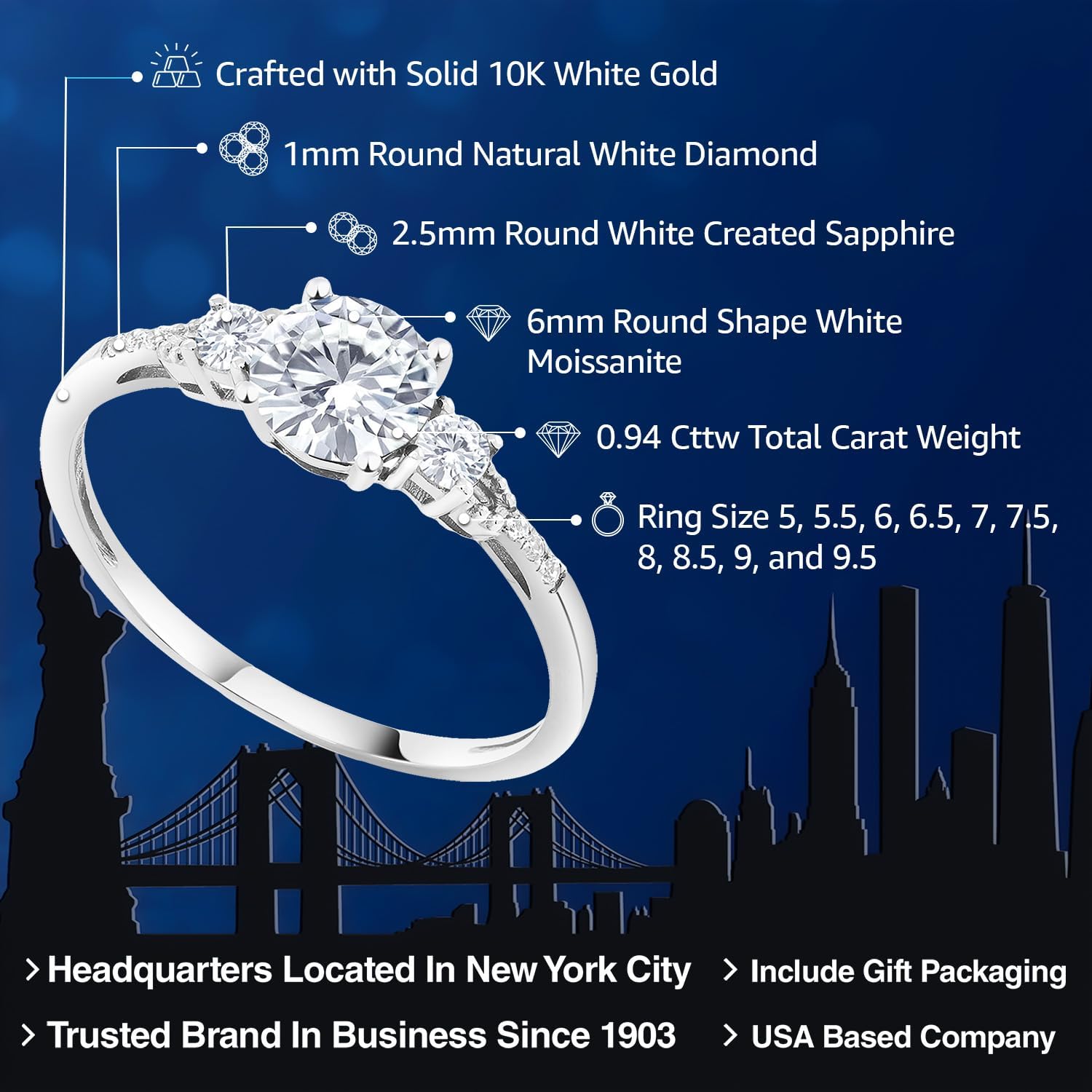 Gem Stone King 10K White Gold White Moissanite White Created Sapphire and White Diamond Accent 3-Stone Engagement Ring | 0.94 Cttw | 3 Stone Wedding Anniversary Ring For Women