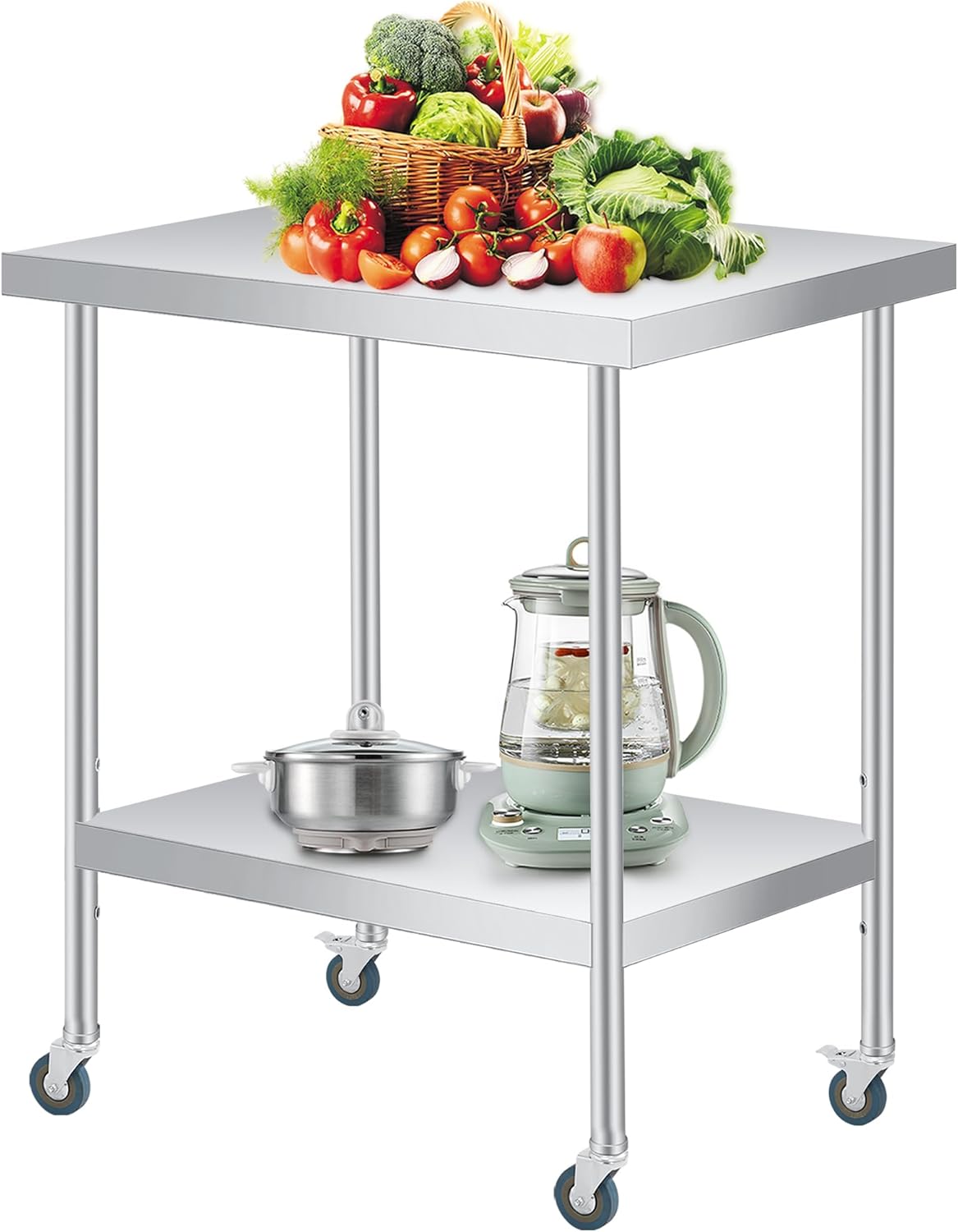 Stainless Steel Table, 30" x 24" Prep Workstation, 1000 LBS, NSF Commercial Work Table with Adjustable Undershelf and Lockable Casters, for Restaurant, Home, Kitchen, Hotel, Outdoor