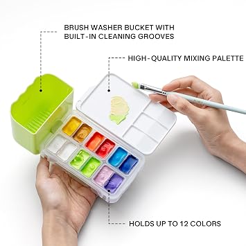 HIMI Travel Box Gouache Set Holds up to 12 Colors, Mixing Palette, Brush Washer Bucket with Built-in Cleaning Grooves, Unique Portable Carry Bag for Artists & Beginners