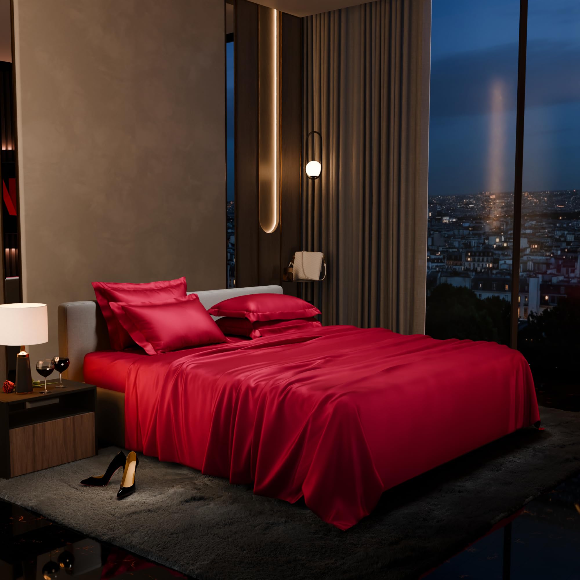 Stoa Paris 300 TC Satin Bedsheet Super King Size Bed With Pillow Covers, Premium Ultra Satin Bedding Set, Gifts For Women, Couples, Wedding, Bedroom Home Furnishing, Date Night Collection - Flirty Red