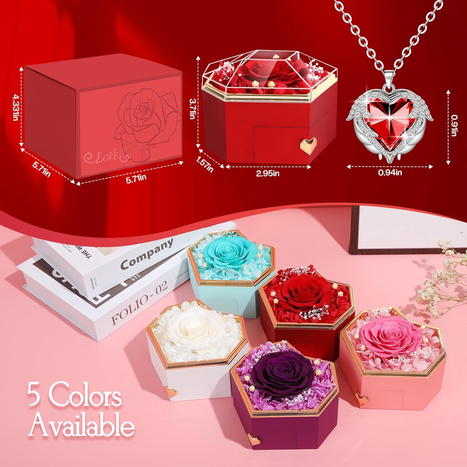 Preserved Red Real Rose with Necklace Forever Flowers Diamond Shaped Box for Mom Wife Girlfriend Grandma on Mothers Day Birthday Valentines Christmas Anniversary Beatiful Gifts for Women… - Image 5