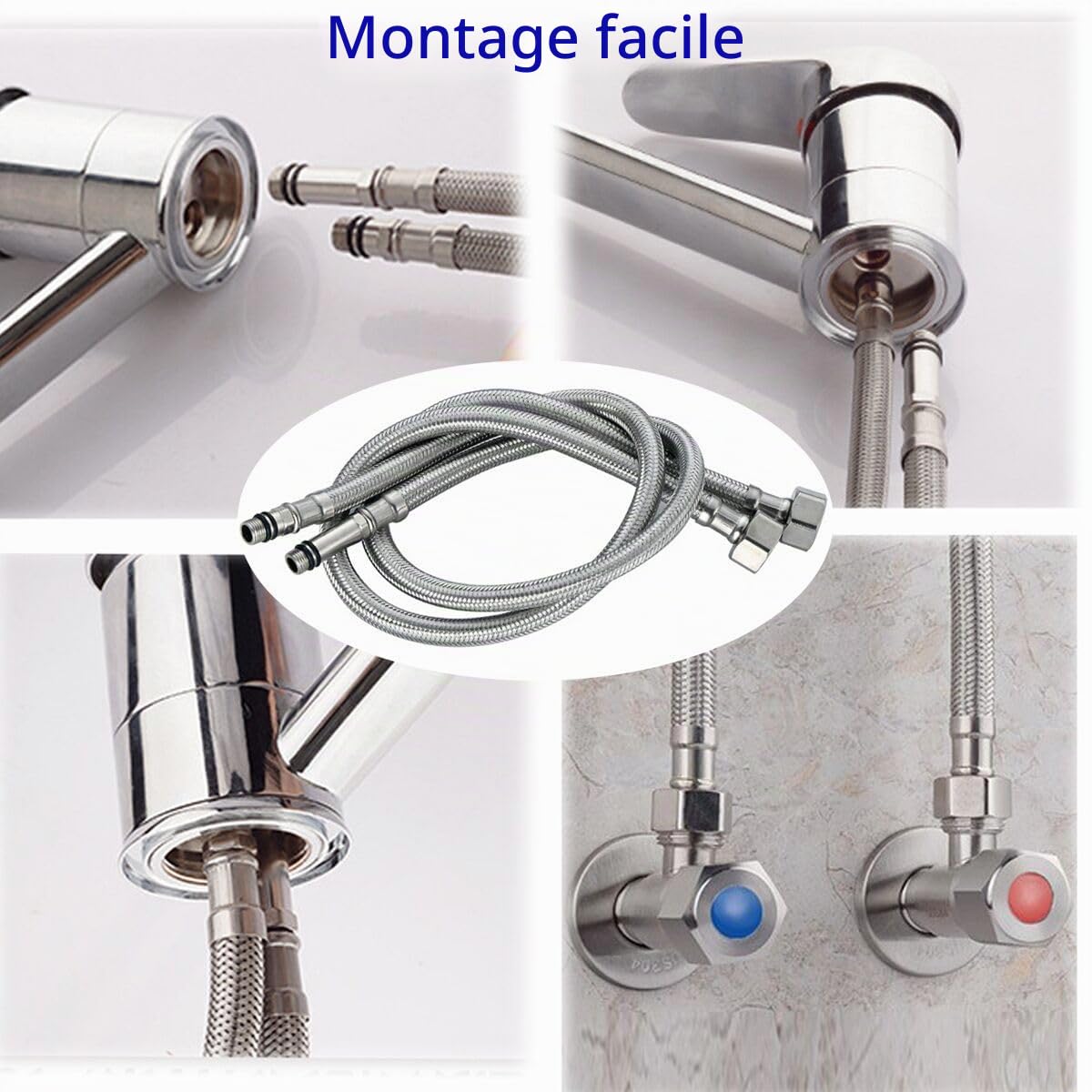 Lot de 2 tuyaux flexibles en acier inoxydable tressé pour robinet monobloc de cuisine/évier - Tuyaux G3/8 x M10 - 600 mm de long