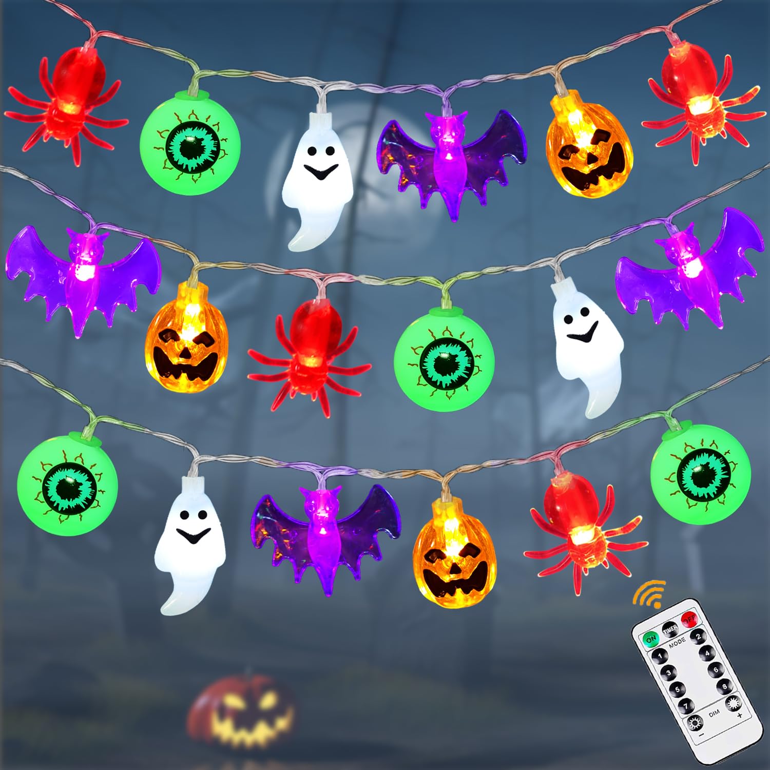 Halloween Lights 50 LED 3D Eyeball Pumpkin Bat Spider Ghost Battery Operated String Lights with Timer, 8 Lighting Modes Halloween Party Decorations Indoor Outdoor Cute Fairy Lights Home Window Decor