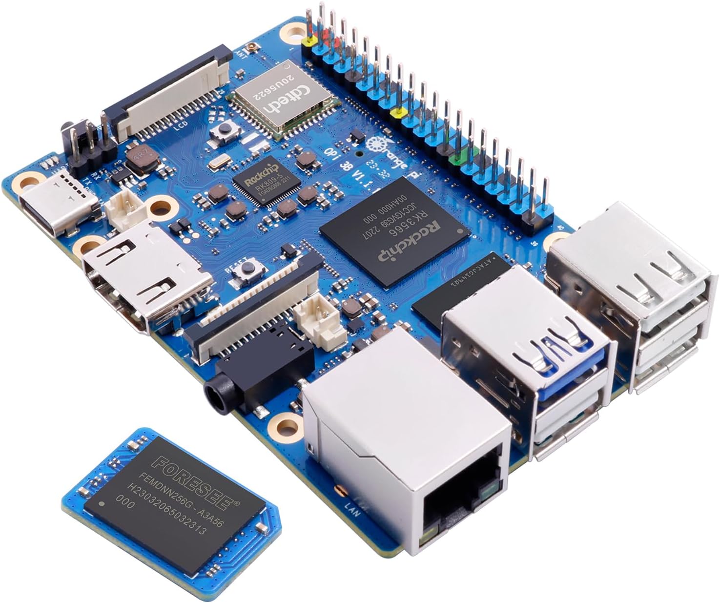 3B 4G RK3566 with 256GB eMMC Module Quad Core 64 Bit Single Board Computer, 1.8 GHz Frequency WiFi Bluetooth Run Orange Pi OS, Android, Debian, Ubuntu, OpenHarmony (Pi 3B 4GB+256GB eMMC)
