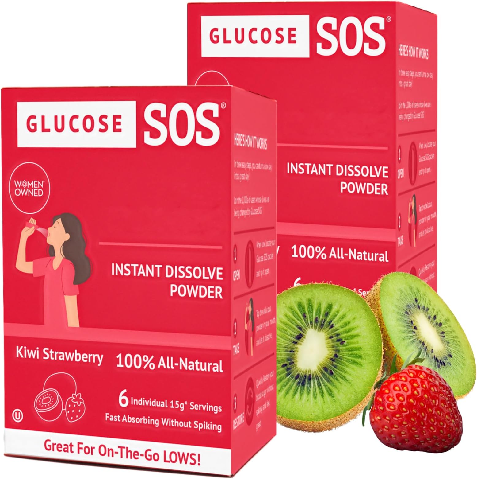 Glucose SOS Powder Packets with Natural Dextrose, Fast-Absorption That Instantly Dissolves in Your Mouth with No Water Needed, Kiwi Strawberry 12 Servings