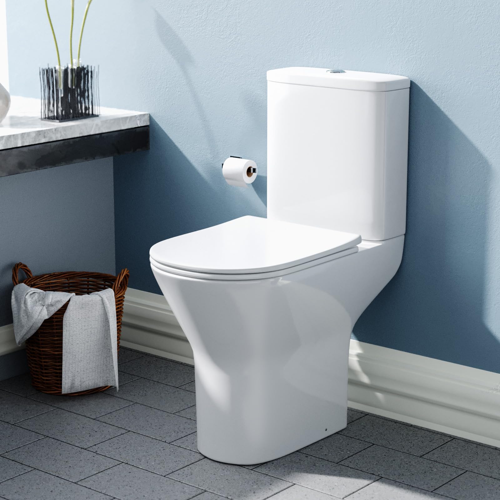 Nes Home White Comfort Height Rimless Close Coupled Toilet Pan, Cistern & Toilet Seat