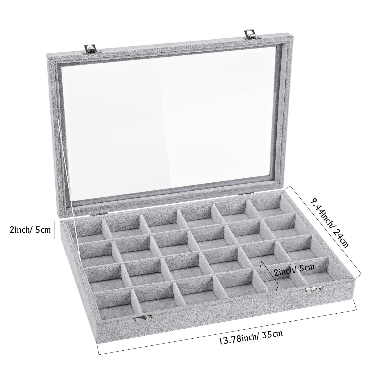 Emibele Velvet Jewelry Tray Organizer Box, 24 Grids with Clear Lid | Rings Earrings Bracelets Necklace Organizer Tray Showcase Display Jewelry Storage Case with Detachable Inner Dividers, Grey