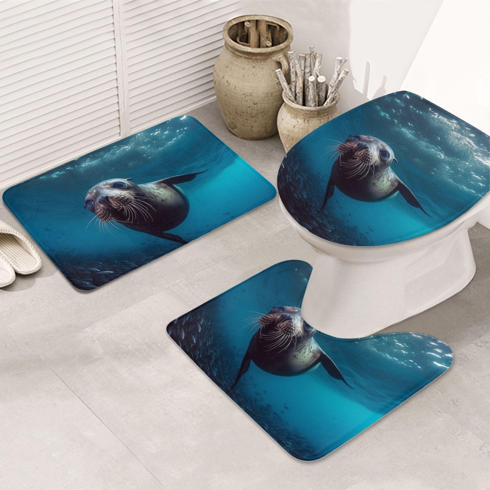 Tapis de bain antidérapant OUSIKA en lot de 3 avec contour WC microfibre motif lion de mer