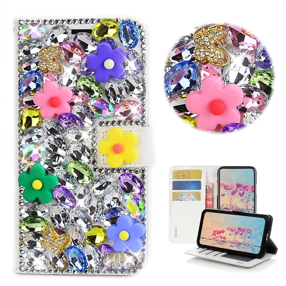 STENES Bling Wallet Phone Case Compatible with Google Pixel 4a 5G 6.2 inch 2020 Case - Stylish - 3D Handmade Floral Butterfly Glitter Magnetic Wallet Stand Leather Cover Case - Colorful