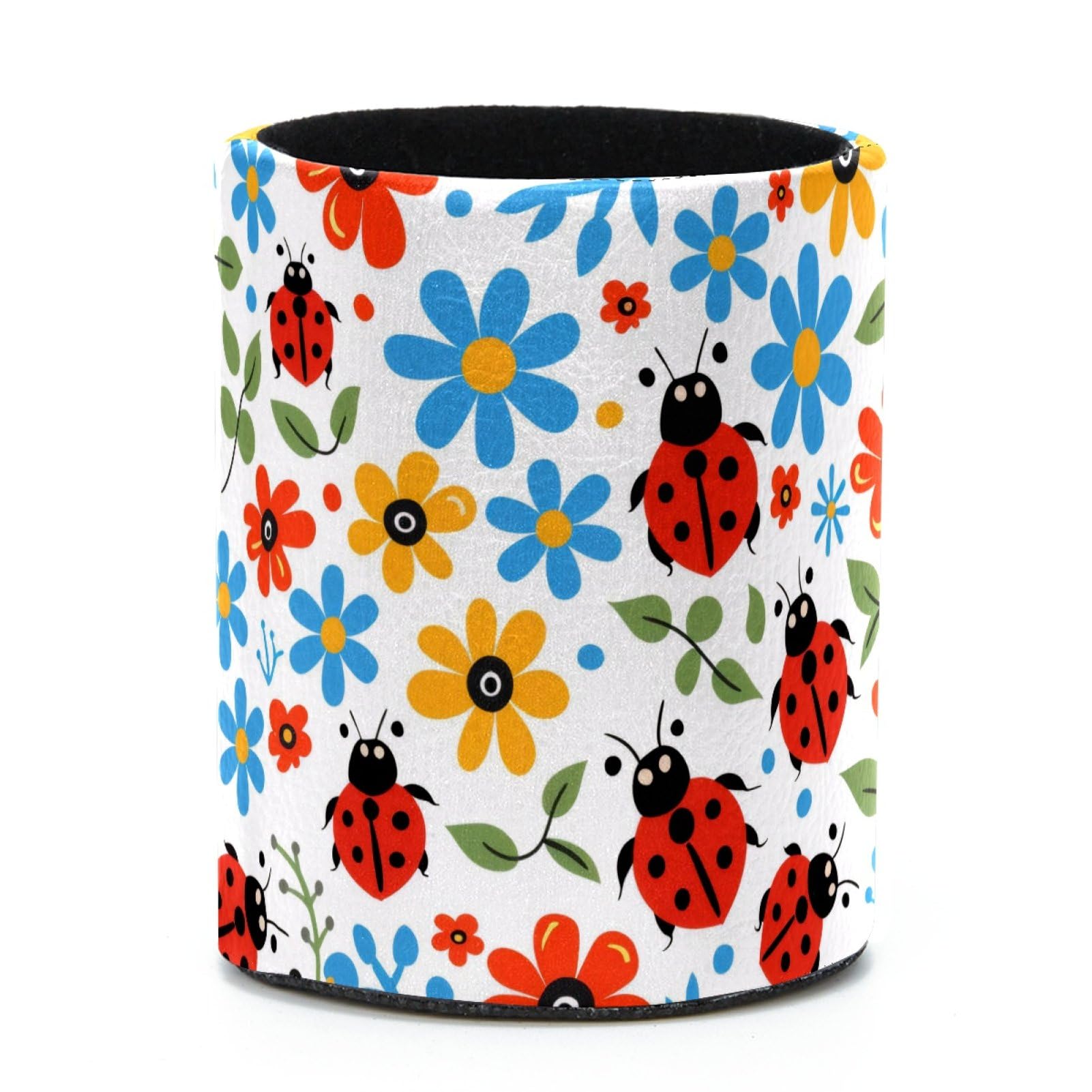 VAPOKF Round Pencil Holders for Desk, Ladybugs Florals Pen Holders Pen Pot Makeup Brushes Storage Desktop Stationery Supplies Organiser for Home Office