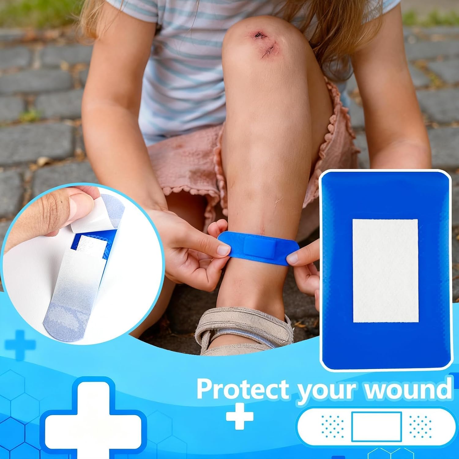 200 Pcs Waterproof Blue Bandages, 4 Shapes Food Service Blue Detectable Adhesive Flexible Bandages with Quilt-Aid Pad, Breathable Bandage for Catering Wound Care and Protection