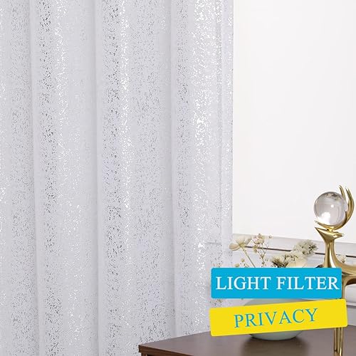 Miniatura 4 de Cortinas blancas plateadas para dormitorio, elegantes cortinas blancas transparentes de lámina metálica brillante de 96 pulgadas de largo, paneles