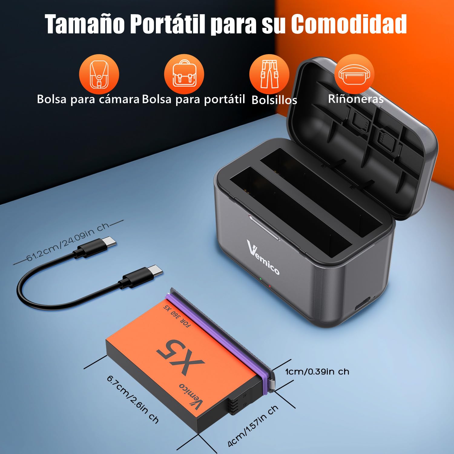 Vemico 360 X5 Cargador de Batería Kit 2 X 2800mAh 360 One X5 Baterías LED de 2-Canales Tipo-C Interfaz de Carga X5 Cargador para 360 One X5 Cámara(Atención: No es Resistente al Agua)