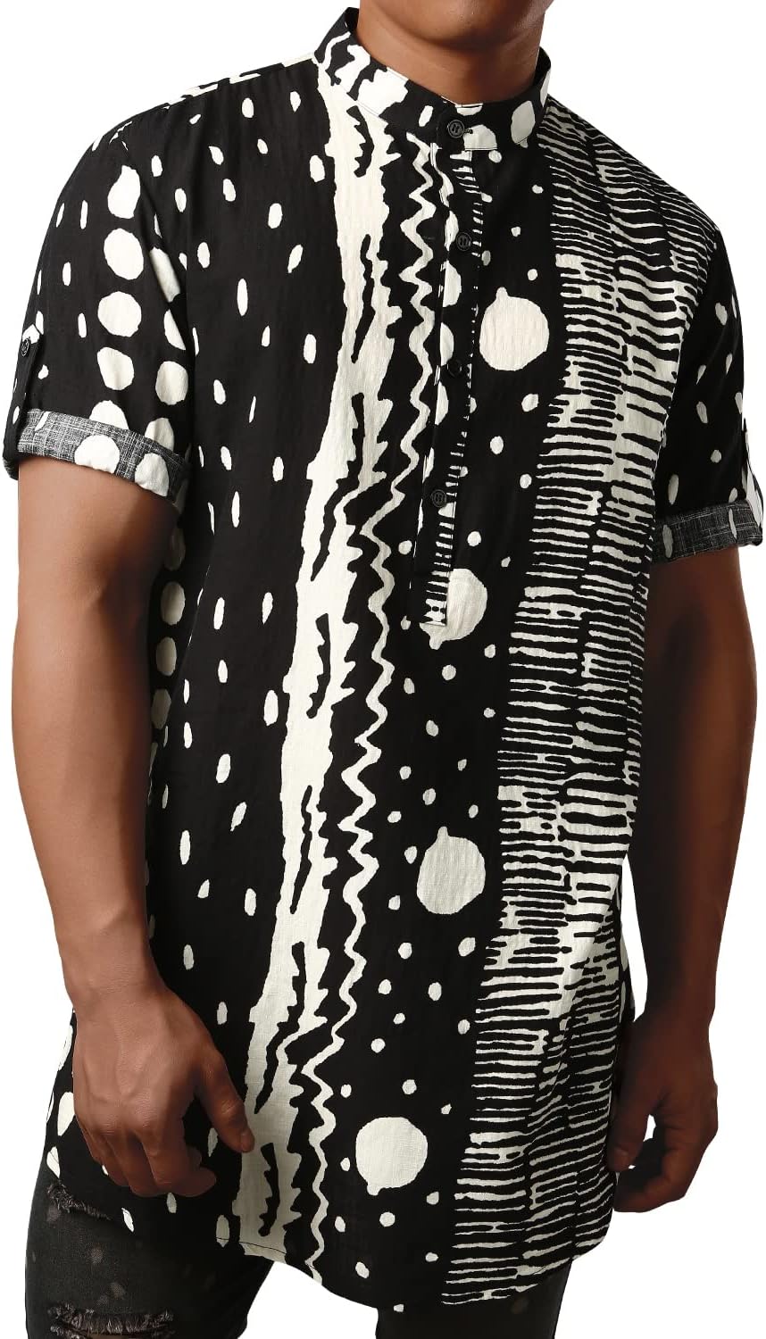 JOGAL Mens Striped Henley Shirt Short Sleeve Traditional African Style Dashiki Shirts - Image 2