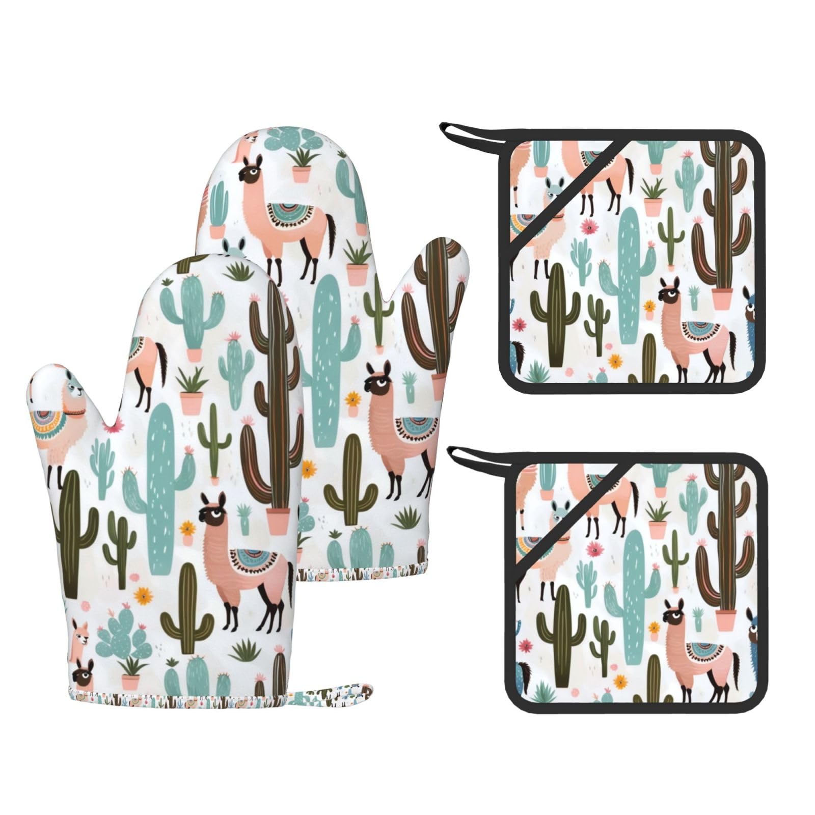 Tropical Cactus Animal Lama Print Kitchen Heat Resistant Set,Cooking Kit With Hanging Loop For Baking & Bbq