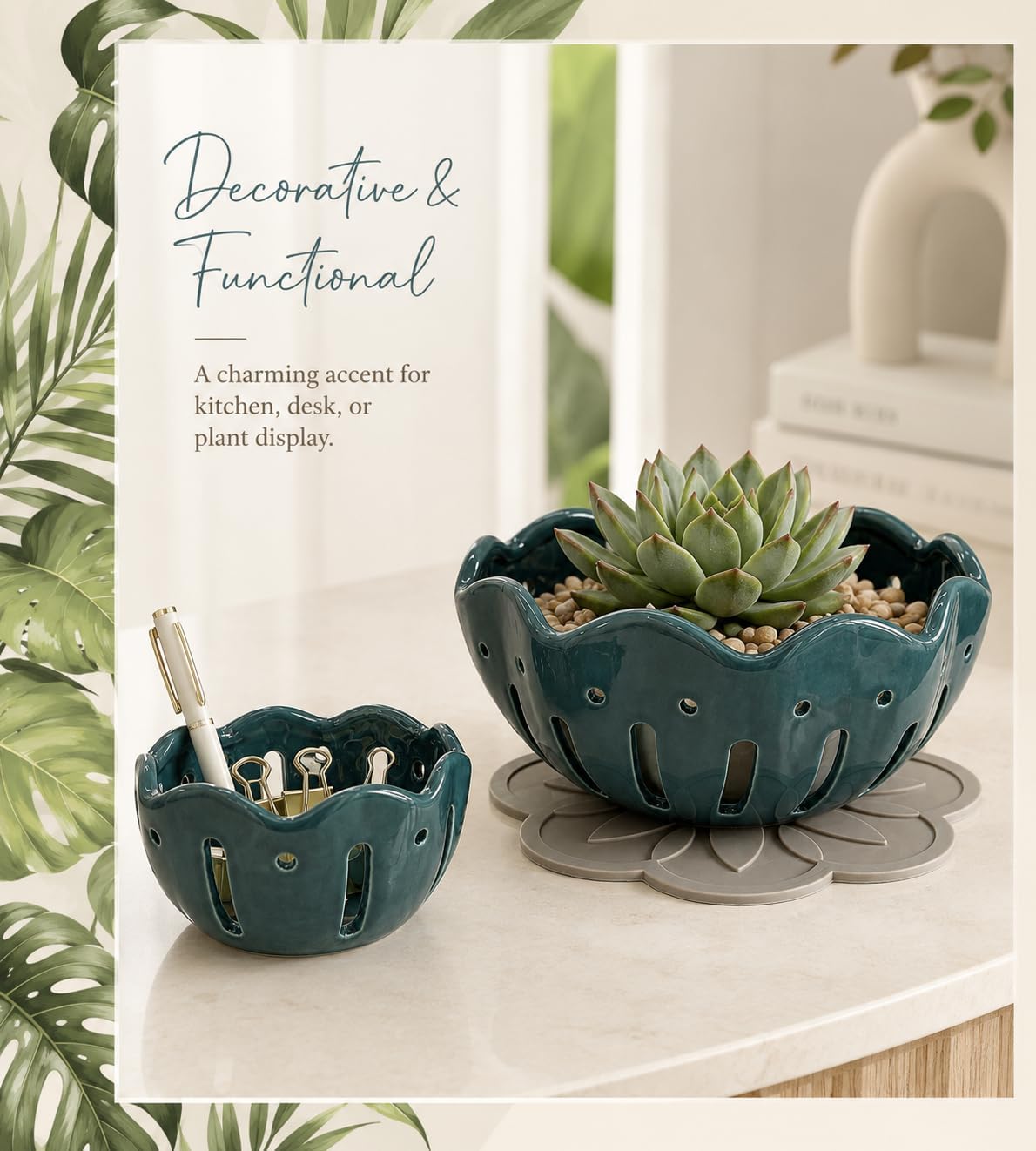 Ceramic Berry Bowl Set 3-Piece Large and Small Fruit Colanders with Side Drain Holes and Flower-Shaped Non-Slip Drip Mat for Rinsing, Serving, Countertop and Fridge Storage