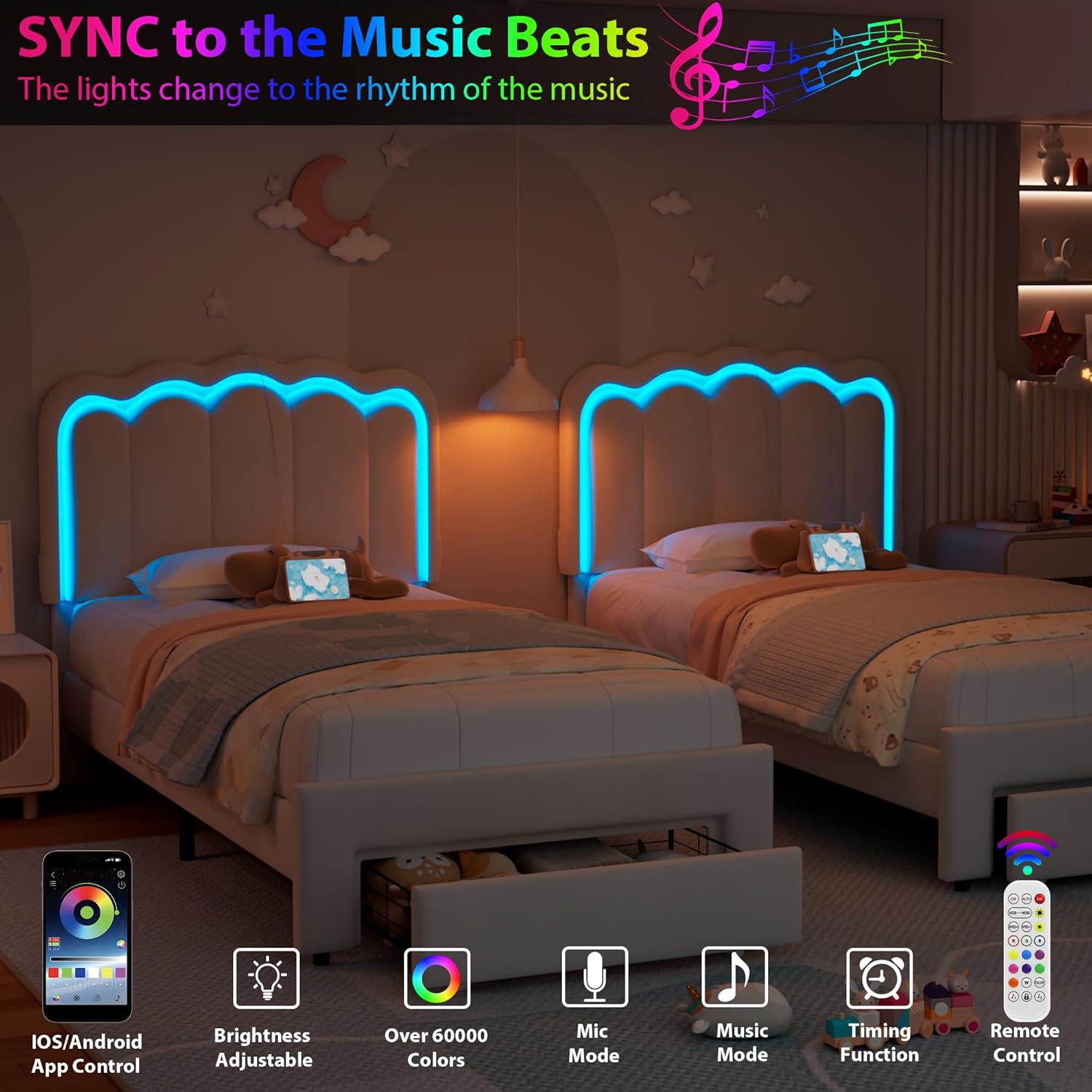 వివరంగా view of the adjustable double wavy headboard.