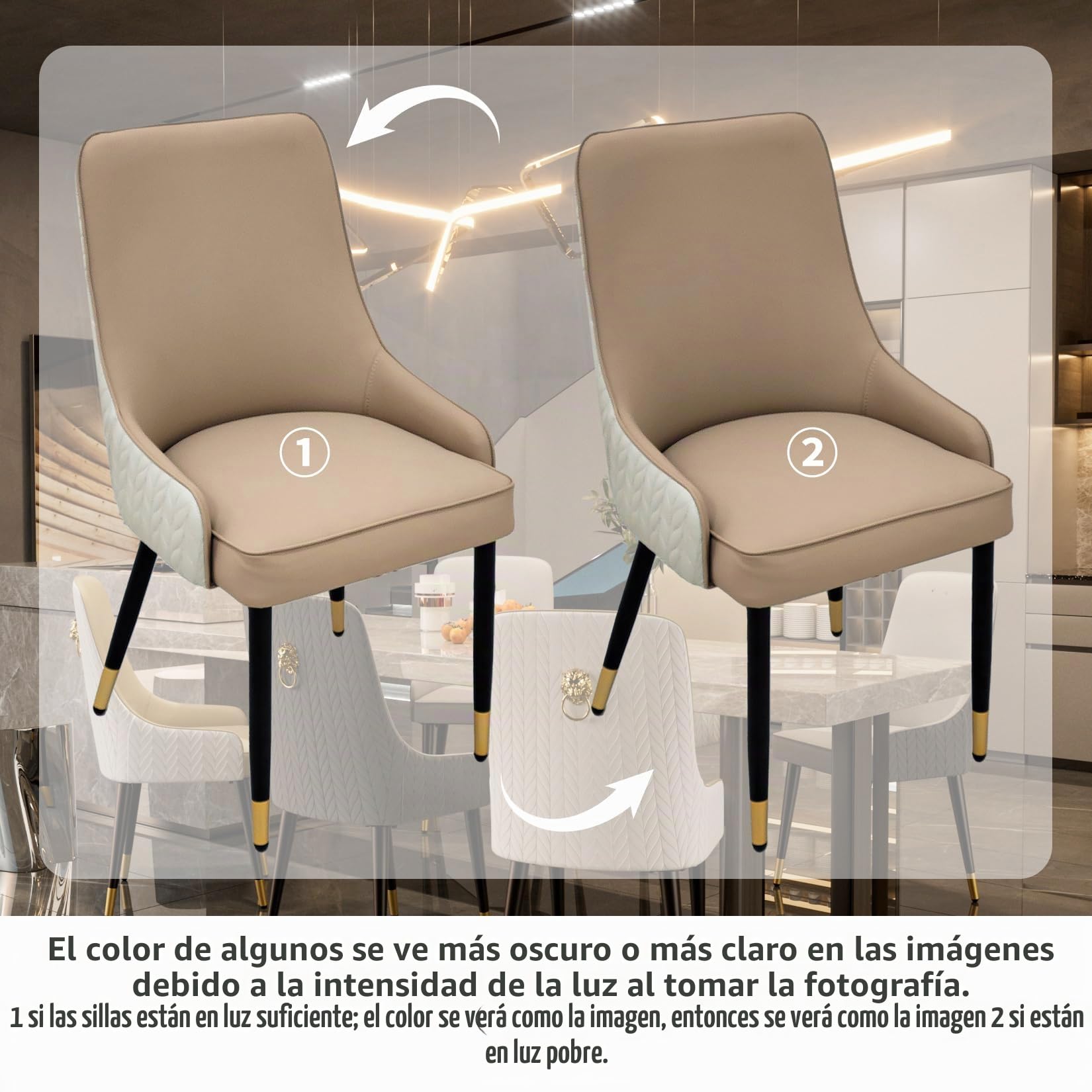 FATIVO Sillas de Comedor de Cuero: Sillas de Comedor Modernas 2 Pzs, Sillas de Cocina con Patas Metálicas y Tapizado en Piel Sintética, Respaldo Alto y Diseño Cómodo (Beige)
