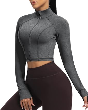 AVGO Womens Cropped Workout Jacket - Long Sleeve Lightweight Zip Up Athletic Yoga Jackets with Thumb Holes