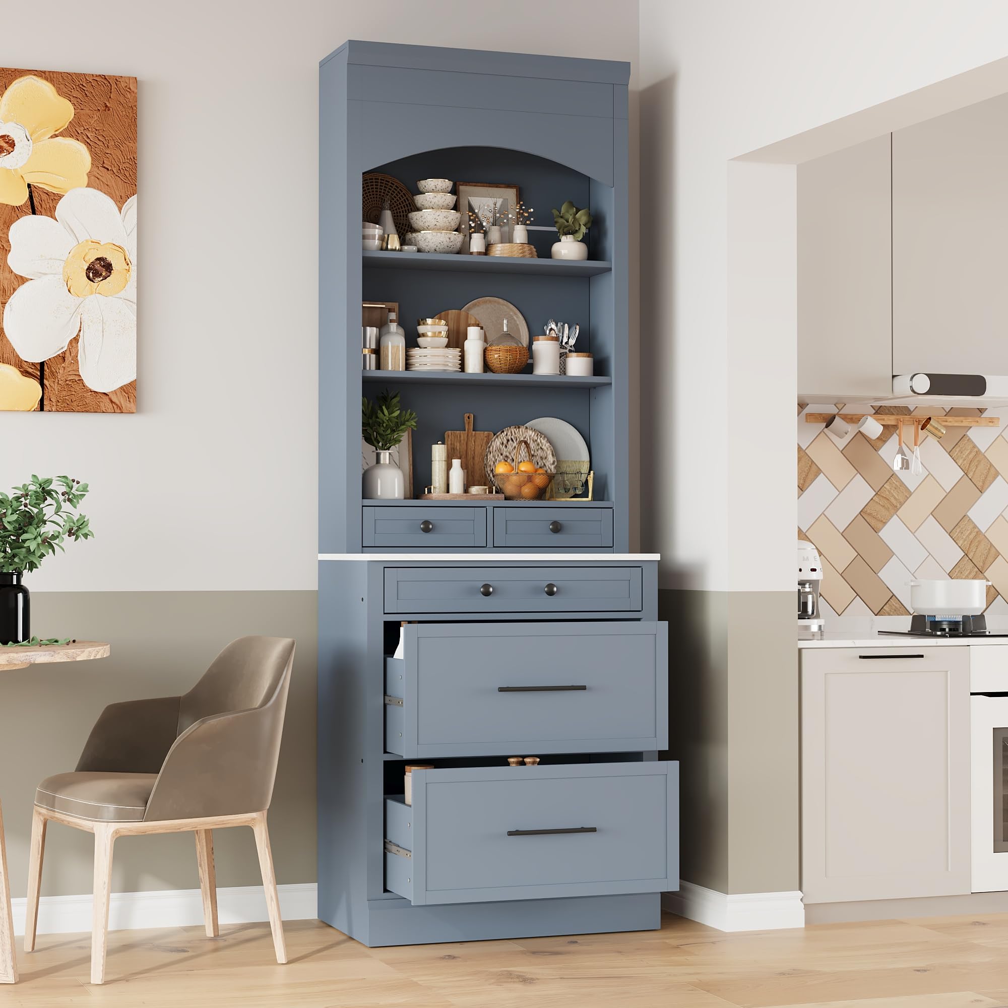 Modern 83.7inch High Kitchen Pantry, Freestanding Tall Kitchen Hutch with Faux Marble Top, Cupboard Cabinet with 5 Storage Drawers and Adjustable Shelf (Gray-4)