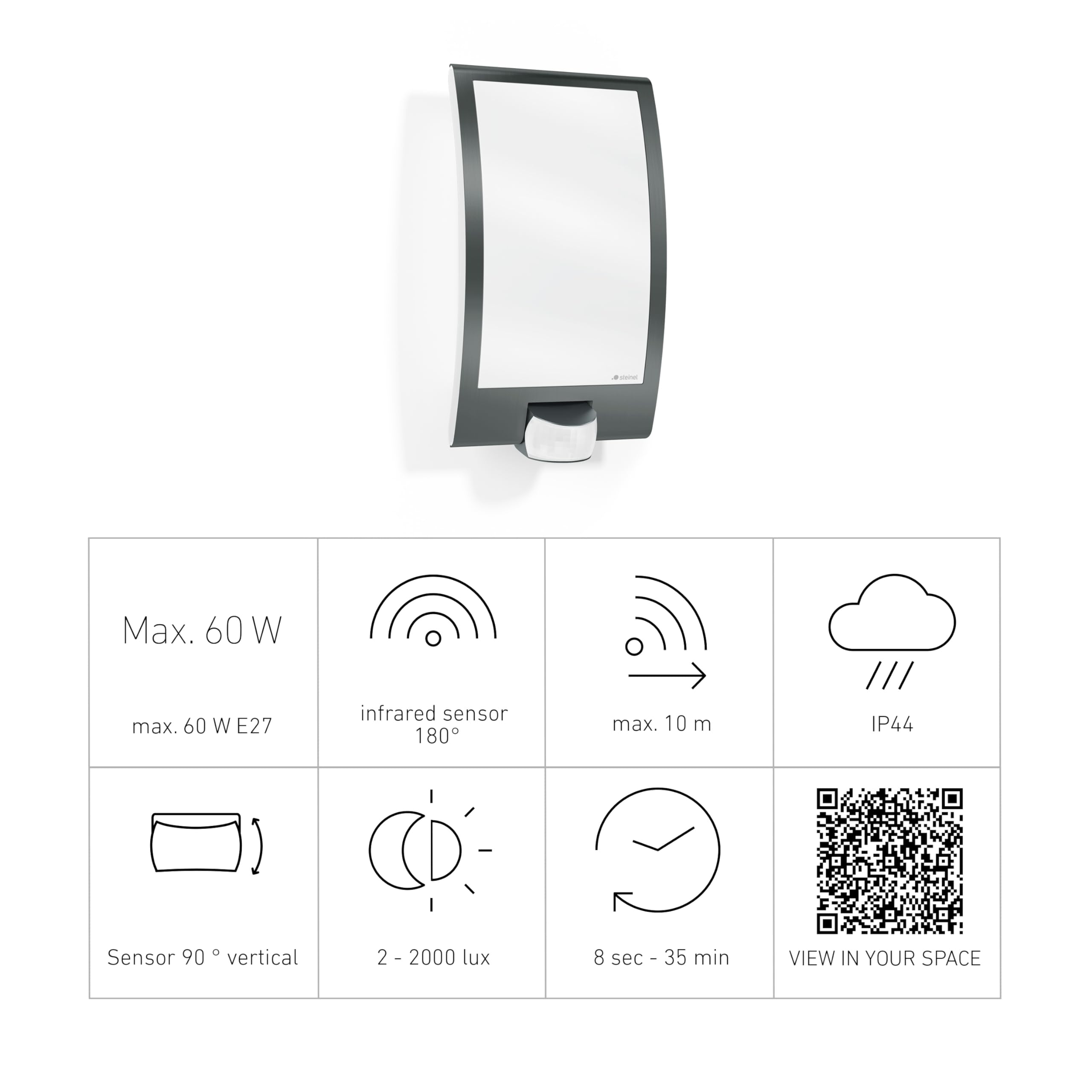 Steinel Applique murale avec détecteur de mouvement L22 gris anthracite - Luminaire extérieur avec capteur de présence portée 10m - Lampe extérieure 60 W