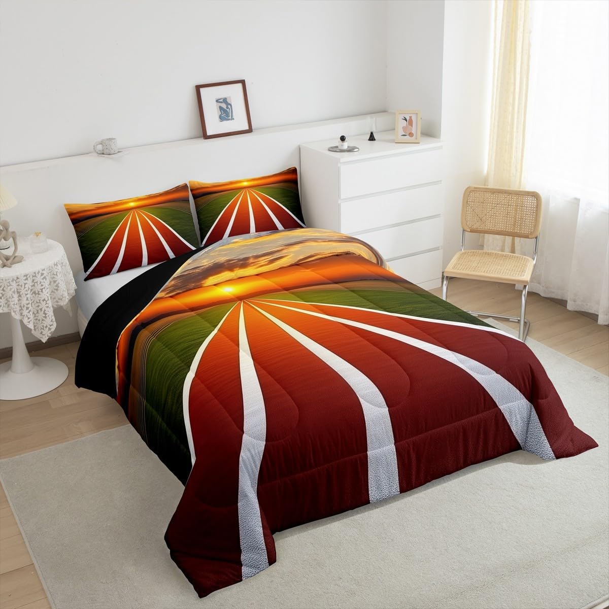 Manfei Athletics Comforter Set Queen Size,Modern Sports Game Running Track Playground Bedding Set 3 Pcs for Teens Adults,Natural Sunset Sky Romantic Comforter,2 Pillowcases