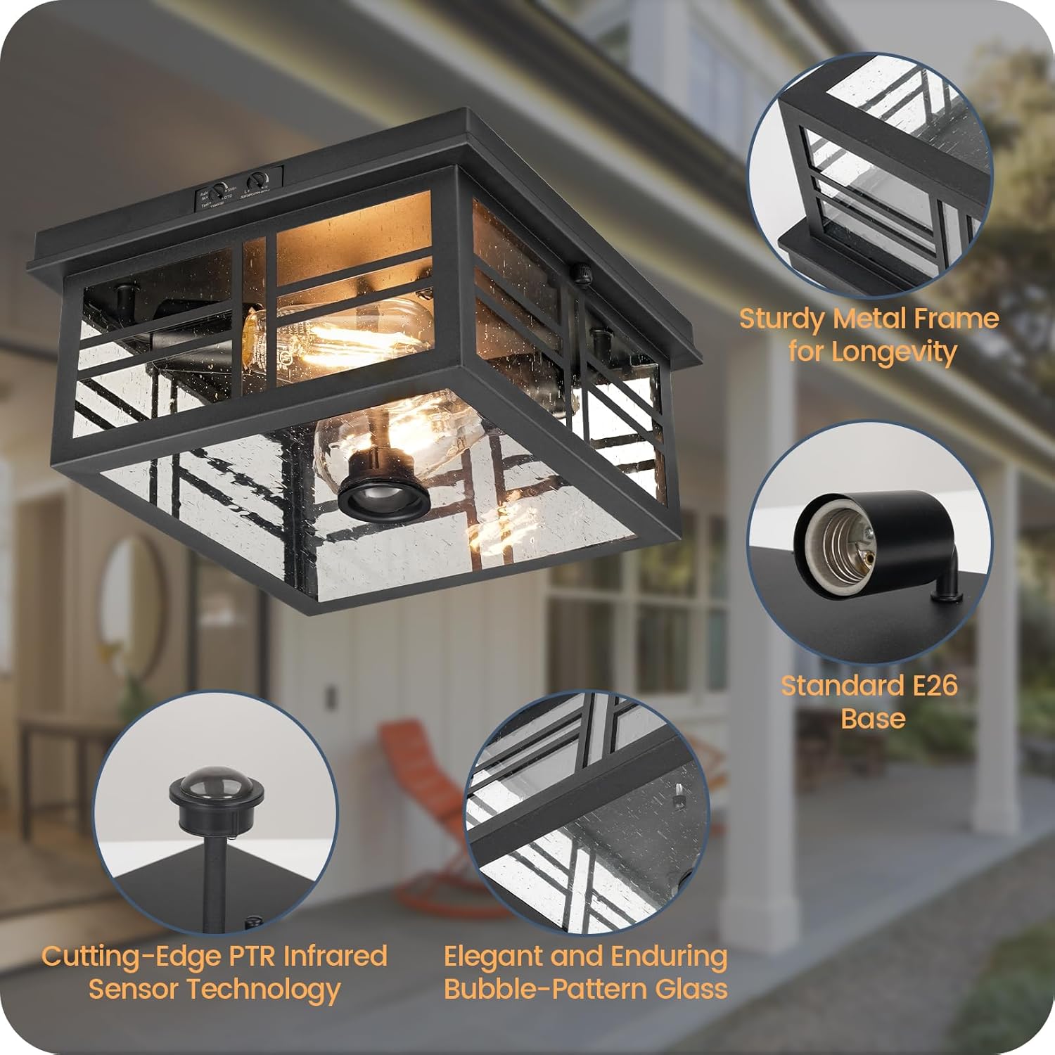 Infrared Sensor Outdoor Ceiling Light, Flush Mount Motion Sensor Ceiling Light, 2-Light Black with Bubble Glass, Bulbs Not Included, 4 Modes, for Porch, Garage, Hallway, Patio,BQ08XD05W1