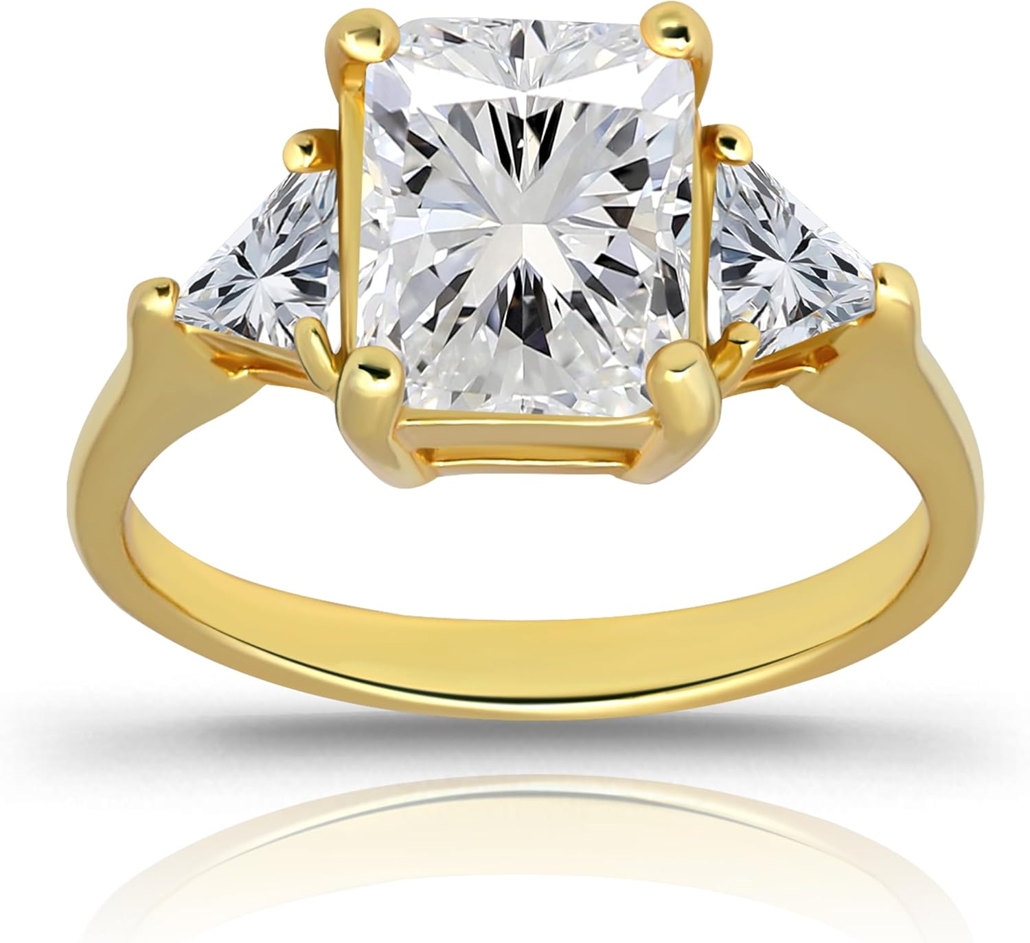 Hoops & Loops 925 Sterling Silver 14K Gold, Rose Gold Plated AAAAA CZ Trillion & Emerald Cut Three Stone Engagement Bridal Wedding Anniversary Statement Ring for Women, Silver, Yellow Gold & Rose Gold