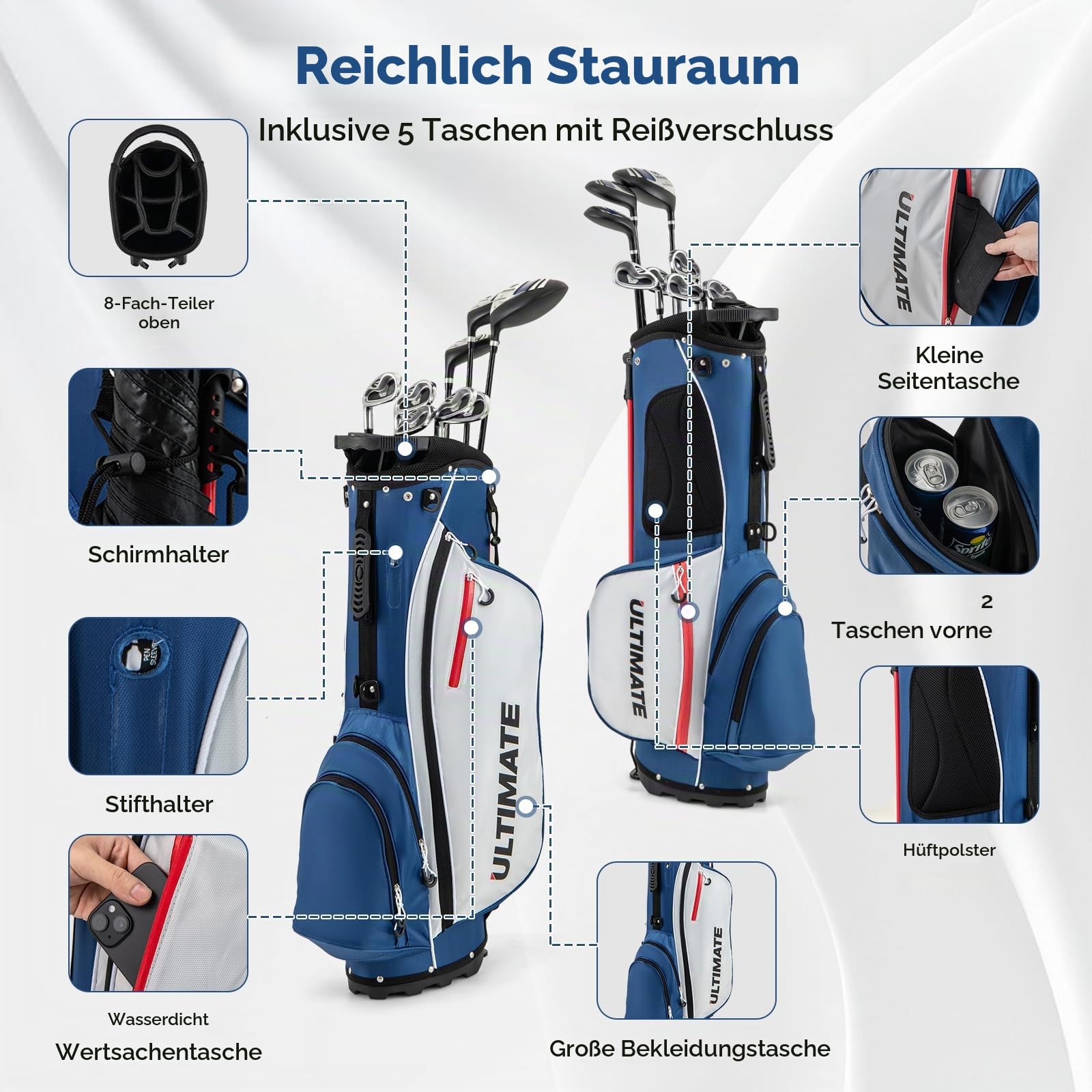 FANTASK 9 teiliges Golfset, Golfschläger Set mit Golftasche & Regenhaube, Herren Golfschlägersätze mit Putter, Driver & Fairway & Hybrid & Eisen, Blau