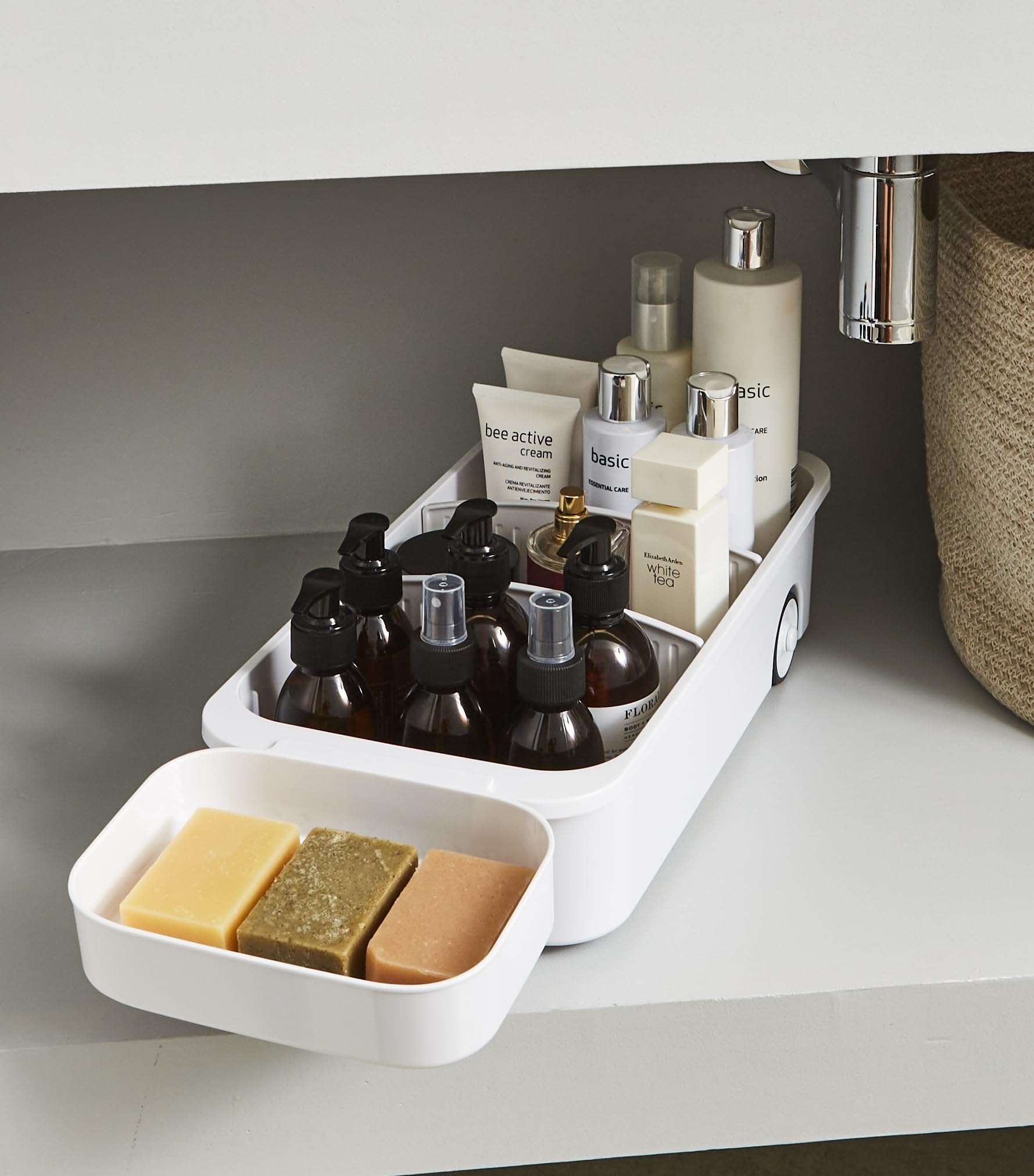 GAROODKitchen Under Sink Organizer Cleaning Supply Caddy Storage Bin Under sink caddy Rolling Cleaning Caddy with wheels Pull out tray Bathroom Kitchen Organizers storage 16.5×8×3.75 in - 1 pack