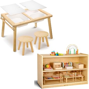 WINGYZ 3 in 1 Sensory Table and Chair Set + 2-Tier Wooden Storage Cabinet