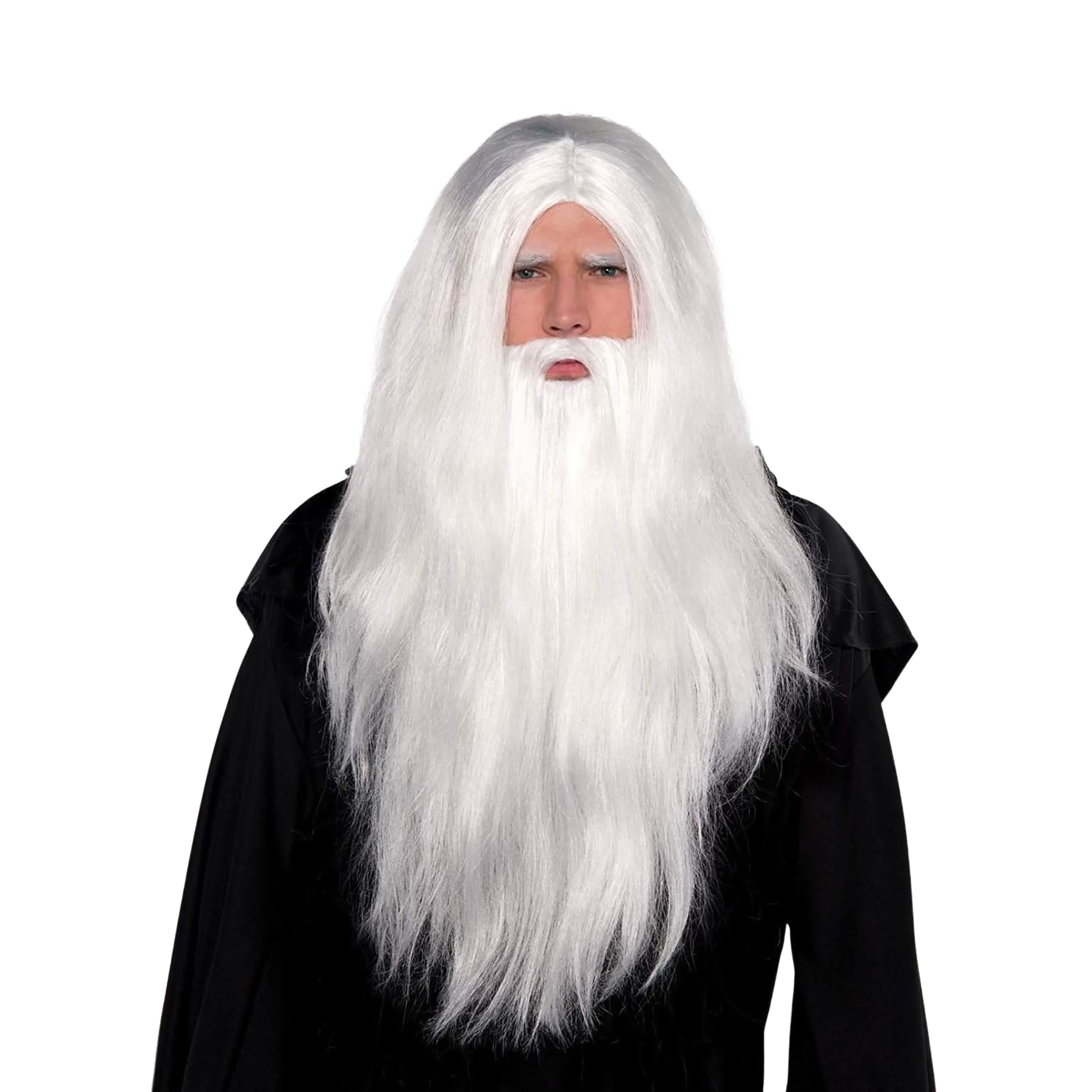 Merlin Gandalf Dumbledore White Wizard Wig and Long Beard Set Adult Fancy Dress Accessories for Magician, Father Christmas, Xmas Party, Halloween, Carnival, Cosplay and Themed Costume Events