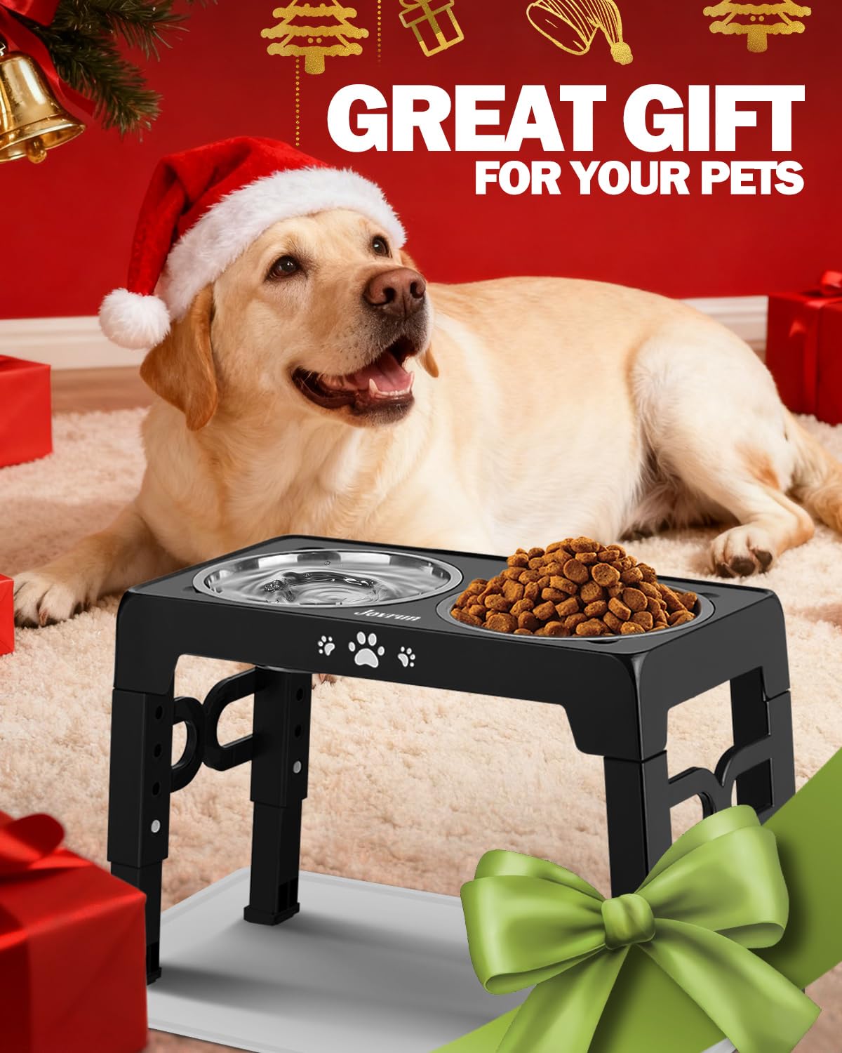 Jovrun Cuencos elevados para perros, soporte elevado ajustable de 5 alturas para perros pequeños, medianos y grandes, comedero para perros con 2 cuencos de acero inoxidable y 1 cuenco de alimentación