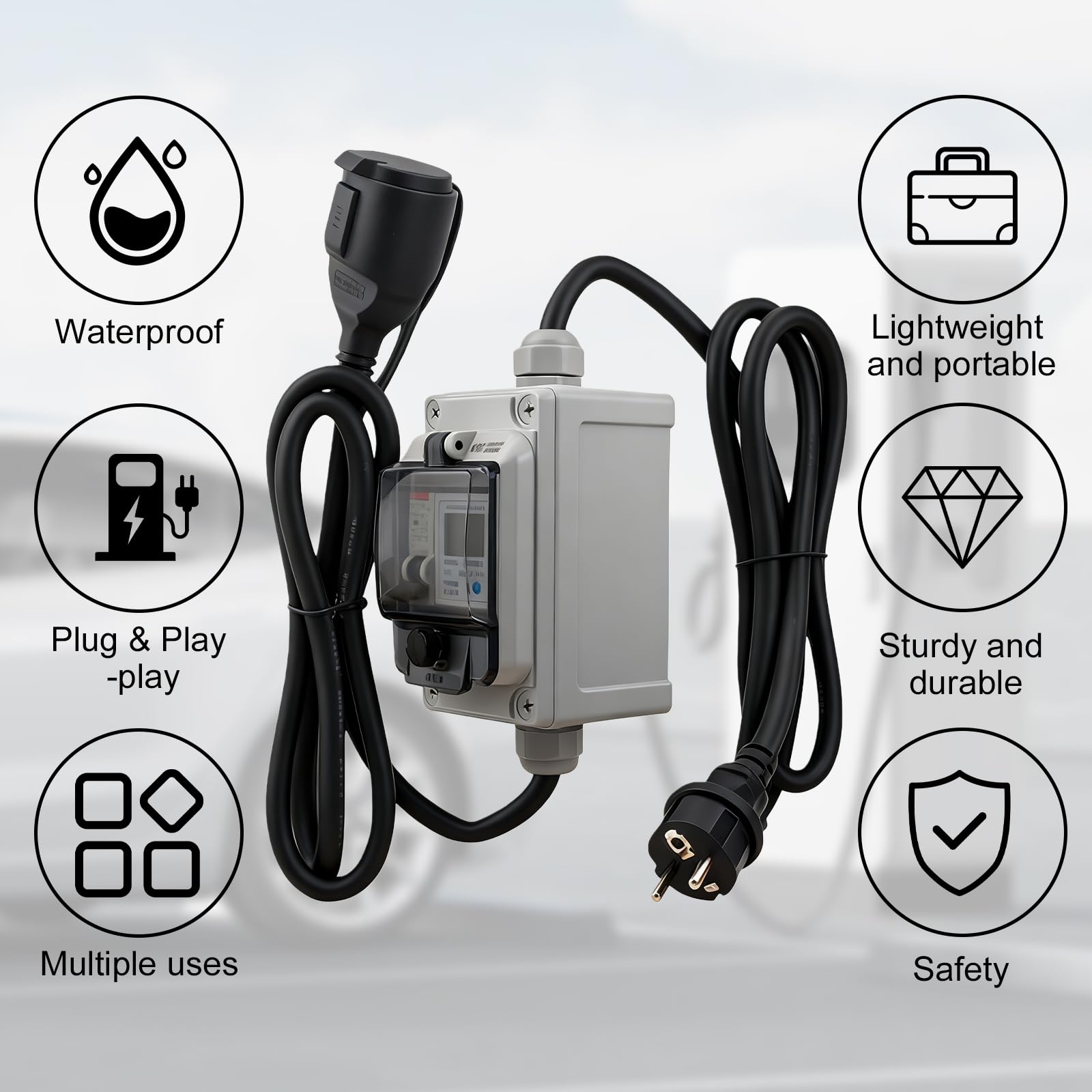 Medidor de corriente digital móvil 230 V 16 A, IP67 resistente al agua para exteriores con interruptor de protección FI, contador intermedio de corriente con enchufe y acoplamiento para autocaravanas
