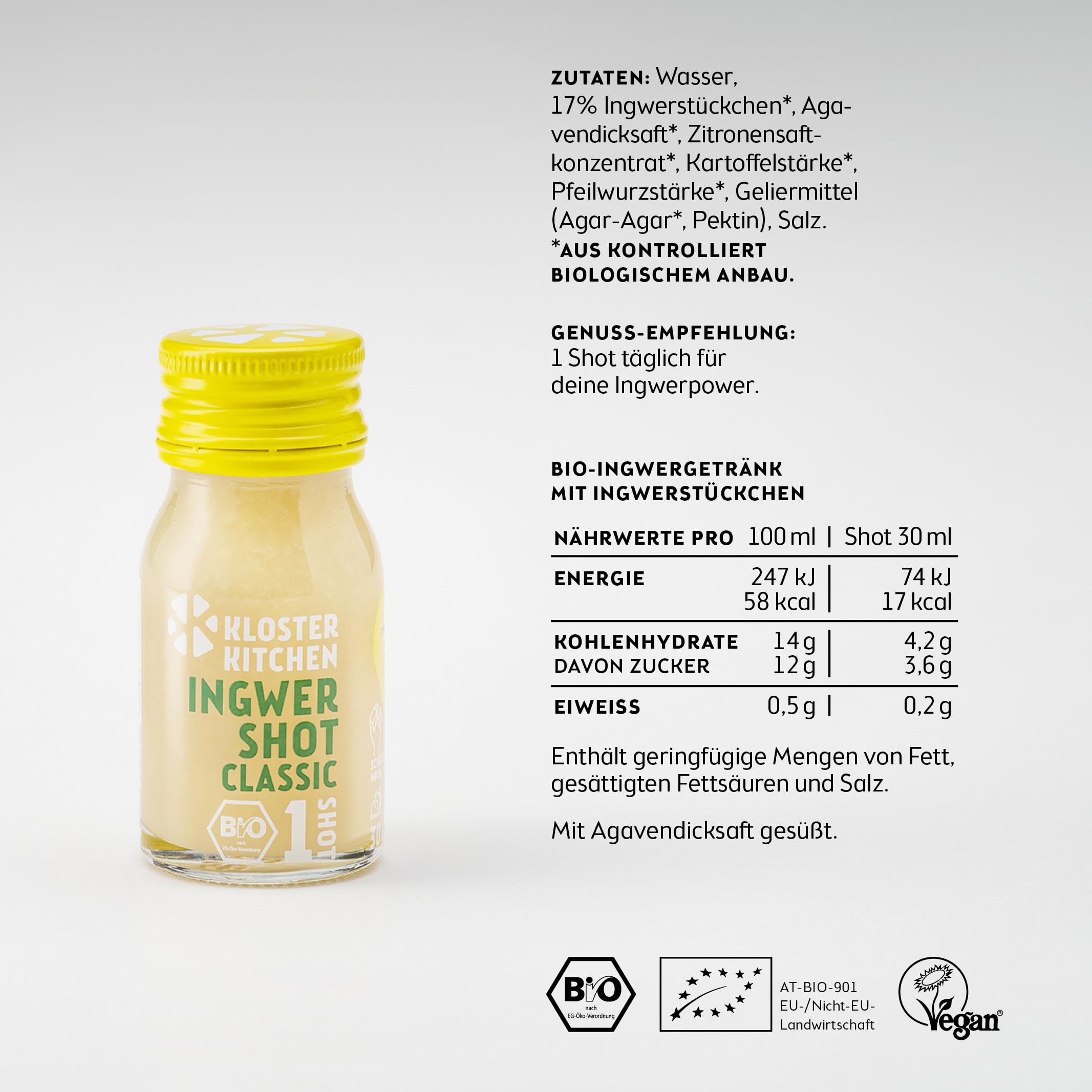 Kloster Kitchen Bio Ginger Shot Classic 7 x 30 ml trozos reales de jengibre vegano