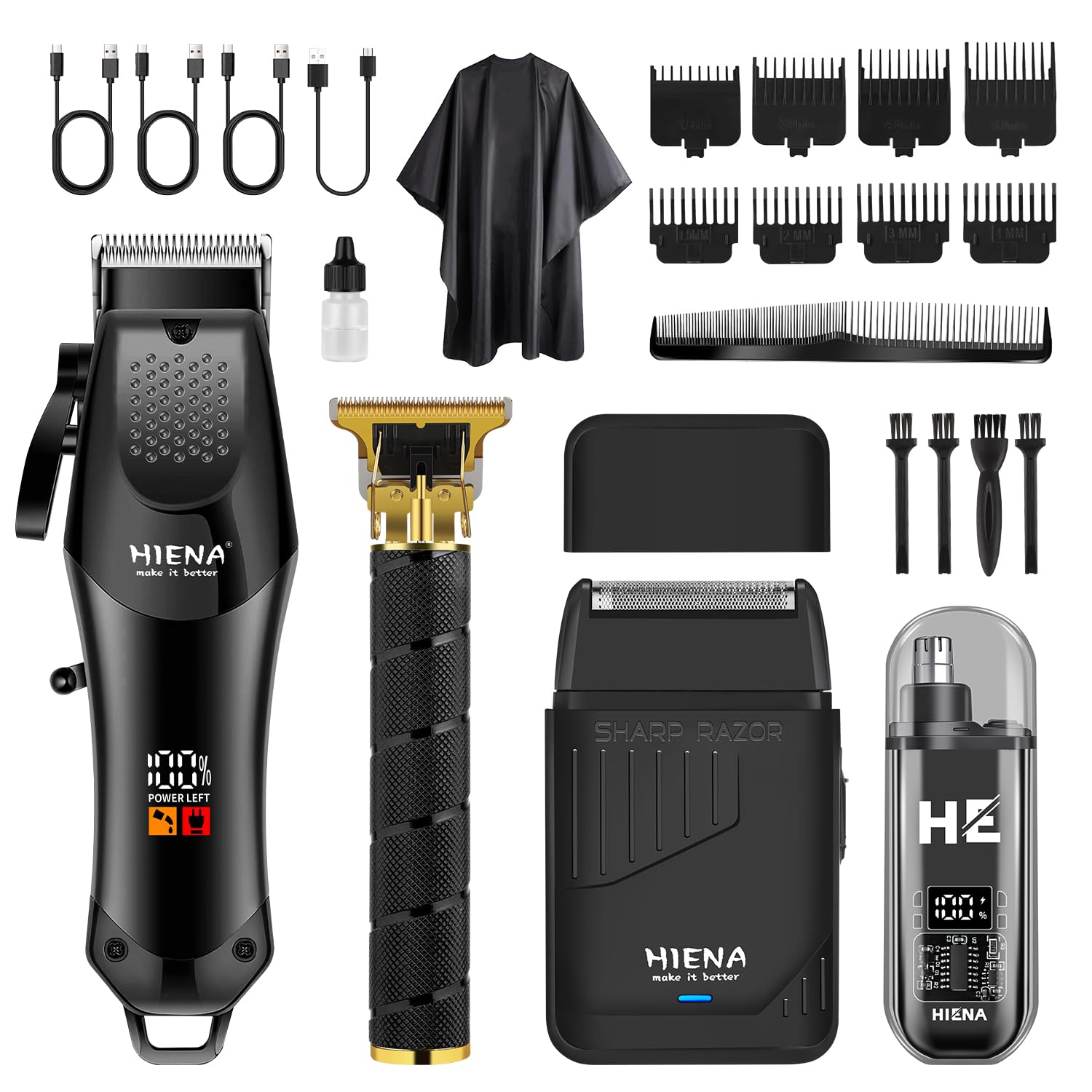 HIENA PRO Professionelles Haarschneidemaschine Set für Männer, schnurloser Friseurschneider und elektrischer Folienrasierer, Nasenhaartrimmer, Haarschneide-Set, R-Type verstellbare Klinge, LED-Anzeige