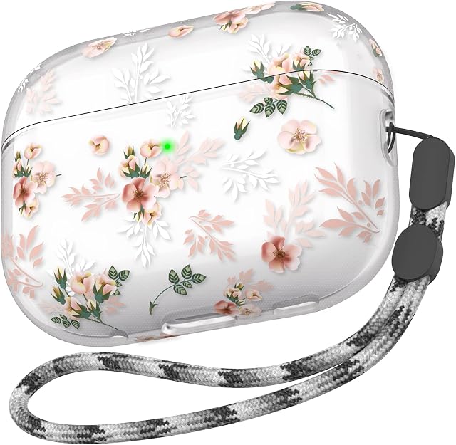 Delidigi Clear Case for AirPods Pro 2, Soft TPU Floral Design Protective Case Cover with Lanyard Compatible with AirPods Pro 2nd Generation Women Girls (Rose)