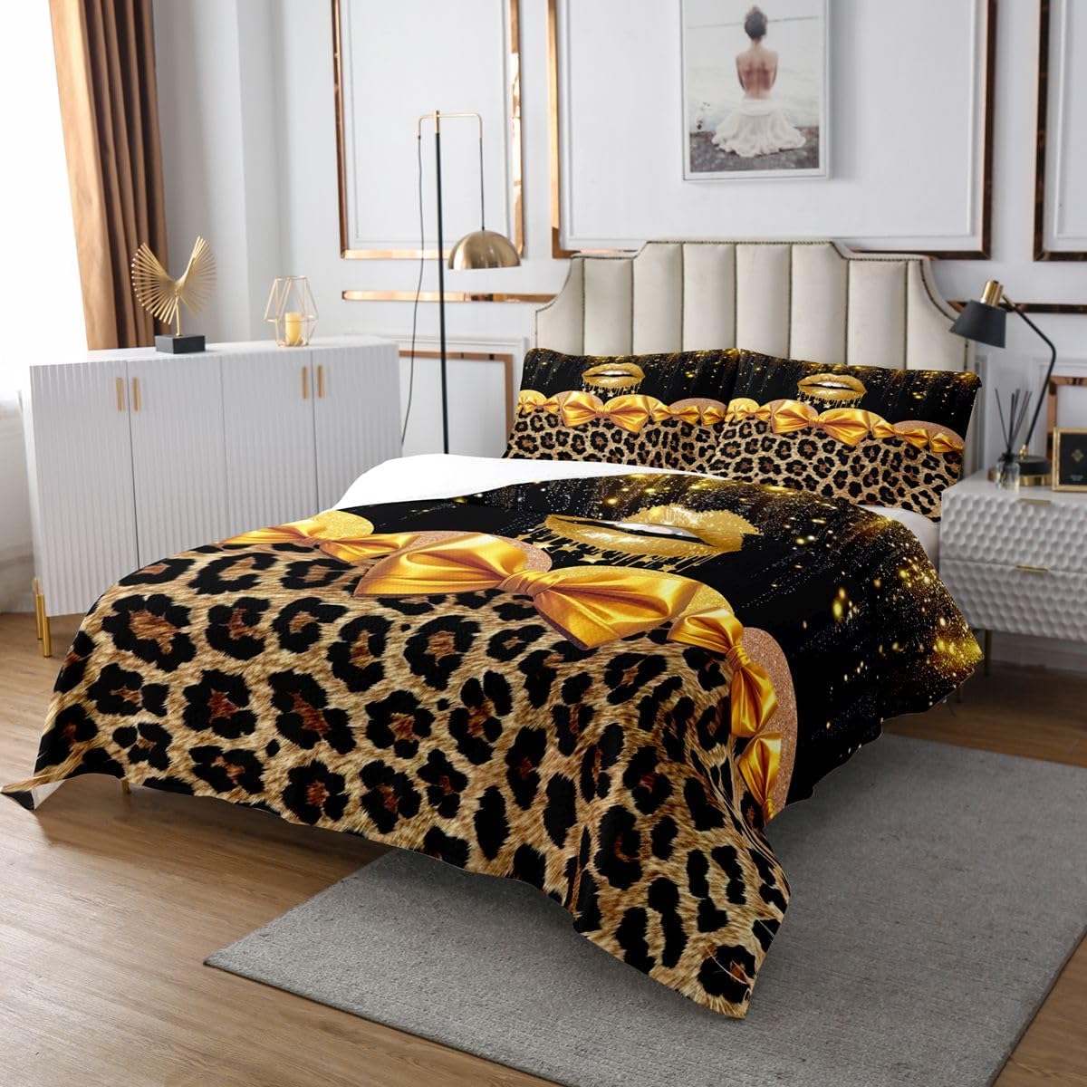 Manfei Lips Bowknot Bedspread Twin Size Bedding for Kids Teens Bedroom Leopard Print Decor Coverlet Set Wild Animals Fur Quilt Set for All Season,2 Pcs with 1 Pillowcase