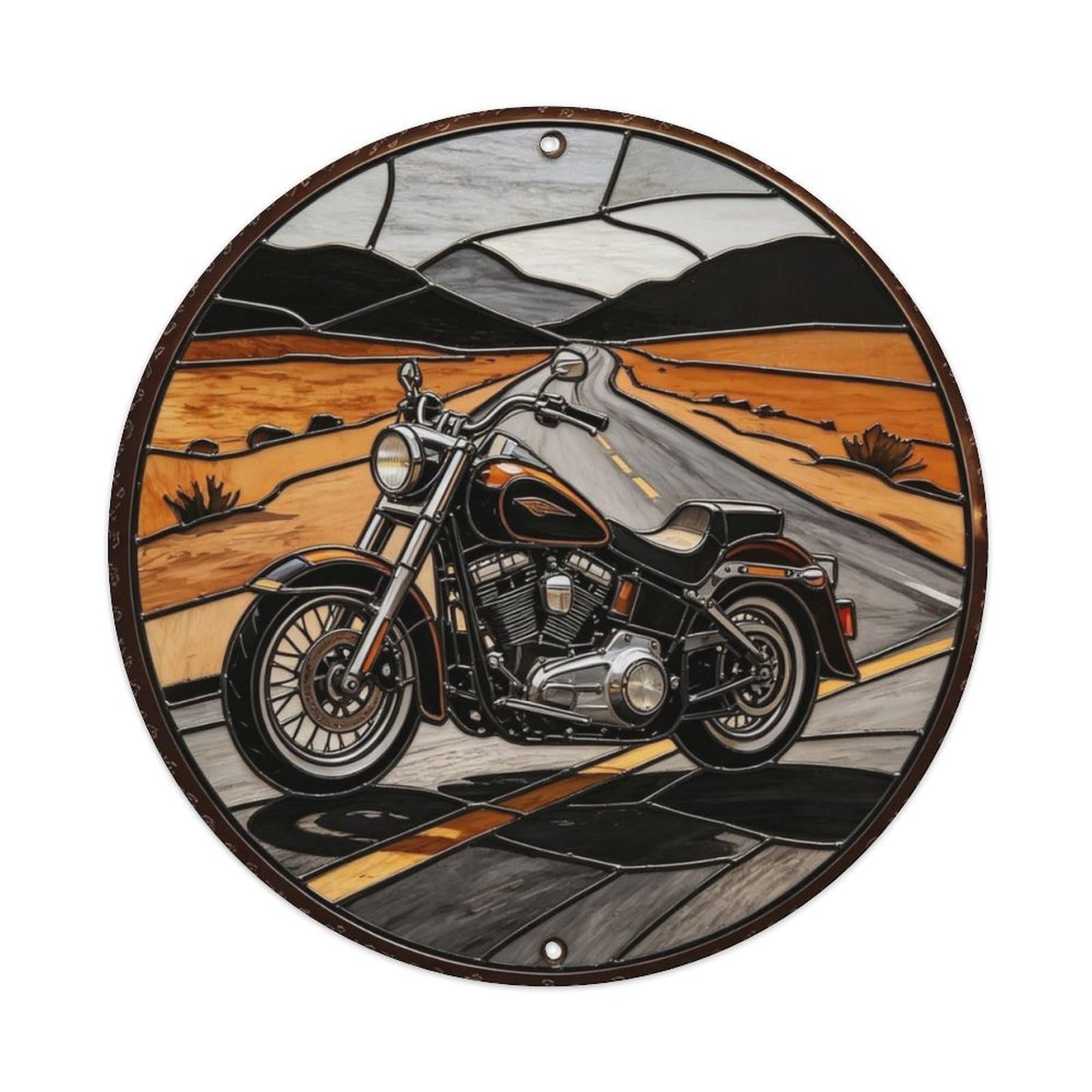 Vintage Motorcycle Desert Highway Stained Glass Metal Tin Sign Plaque