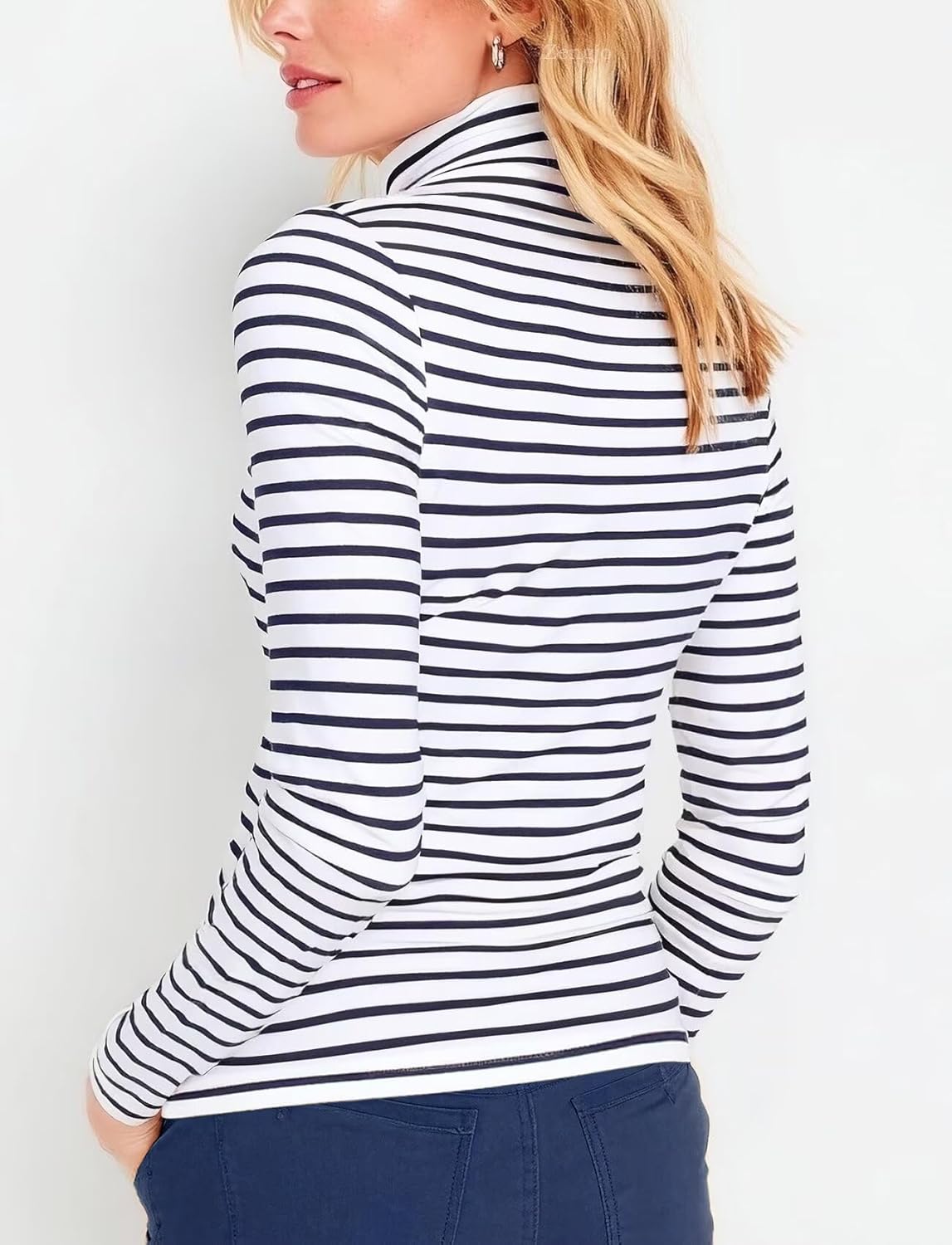 Zengjo Striped Turtleneck Women Long Sleeve Fitted High Neck Top Lightweight Soft Stretchy - Image 2