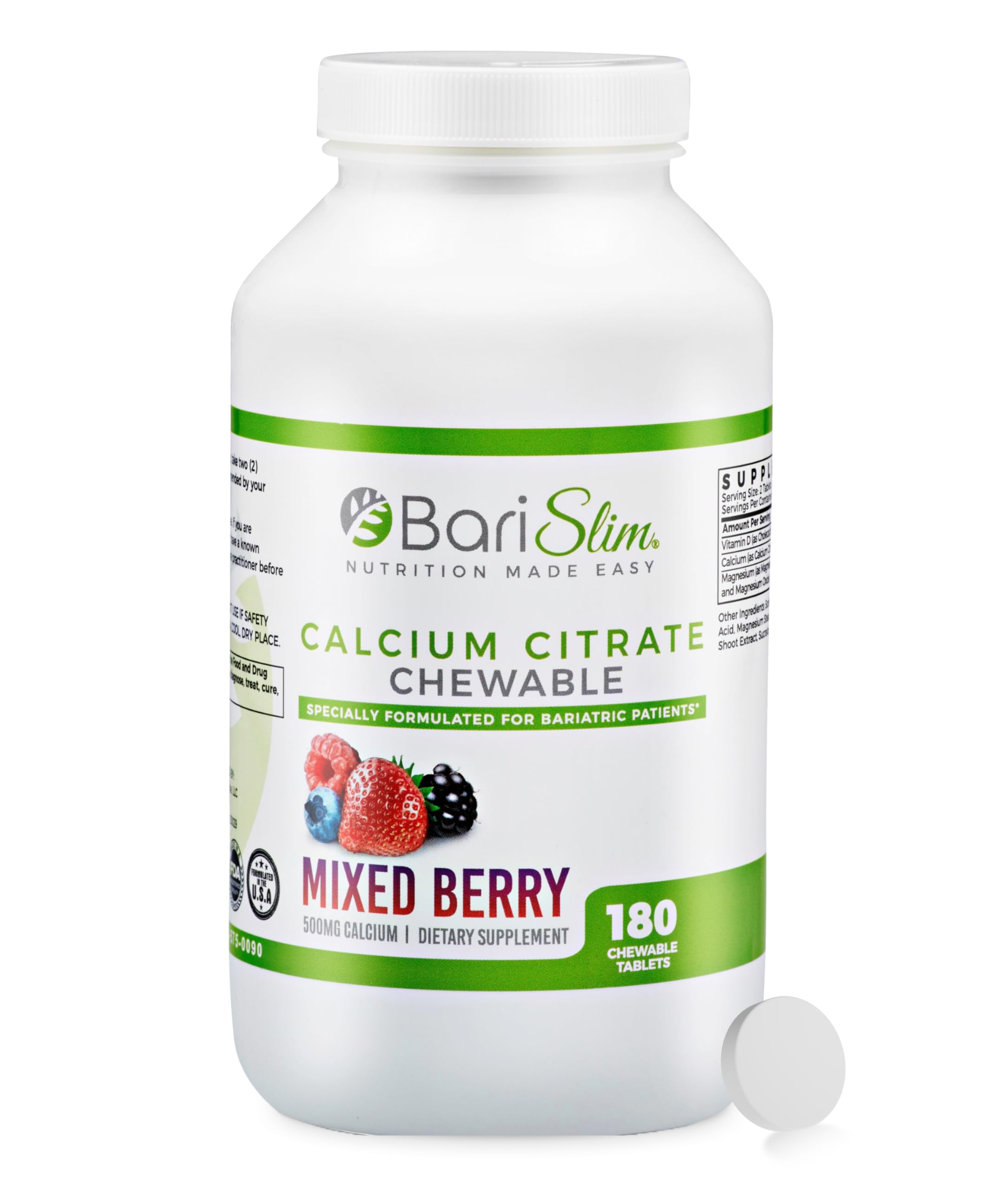 BariSlim Bariatric Calcium Citrate with Magnesium and Vitamin D Tabs - 500 mg of Calcium Citrate Per Serving - Formulated for Patients After Weight Loss Surgery | Mixed Berry (90 Servings)