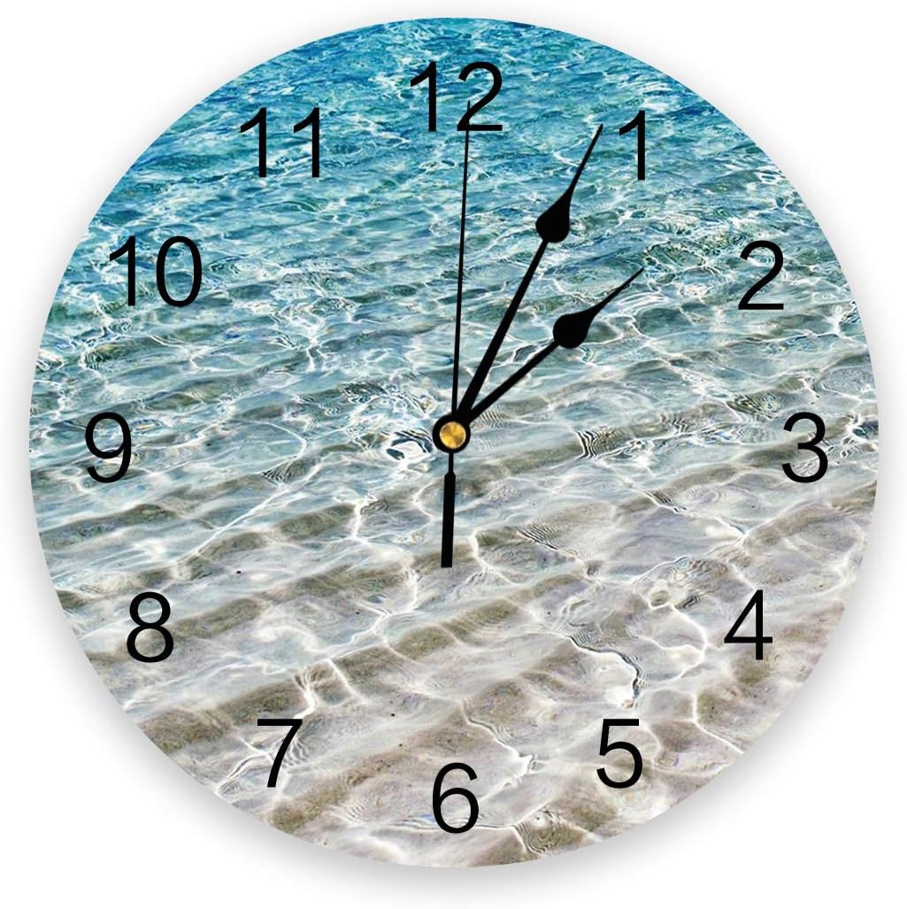Wall Clock Summer Ocean Beach Battery Operated Clocks PVC Silent Non-Ticking Wallclock 10 Inch Clear Sea Water Blue Round Wall Clocks for Living Room Bedroom Kitchen Office School Bathroom Home Decor