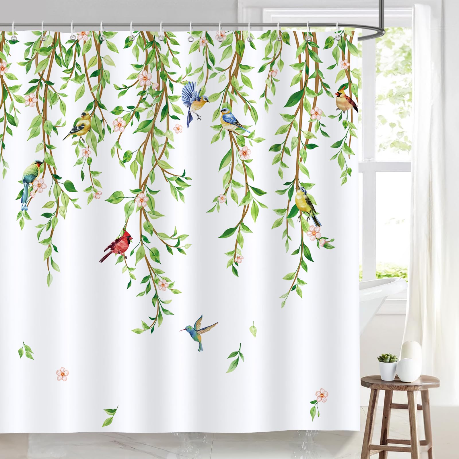 Bonhause Cortina de Ducha Hojas Verde Colibrí Flores Rosa Primavera Planta Cortina de Baño de Poliéster Impermeable Antimoho Lavable Cortina Ducha 180 x 180 cm con 12 Ganchos